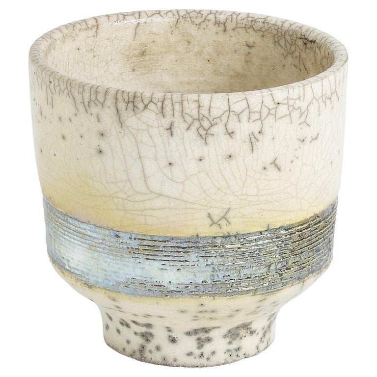 Japanese Yunomi Tea Cup Raku Ceramic Silver Band For Sale at 1stDibs
