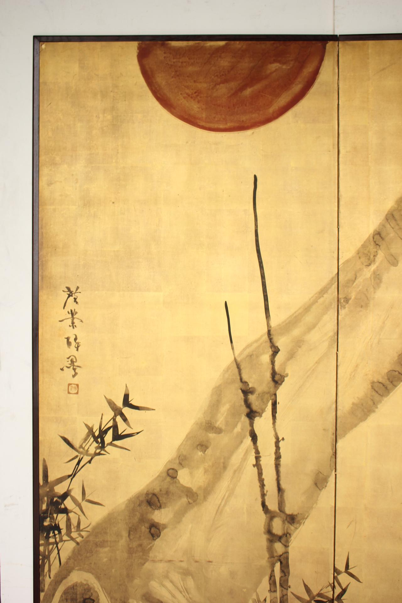 JapaneseAntiques Terasaki kogyo, Gold background, Bamboo and plum folding screen For Sale 4