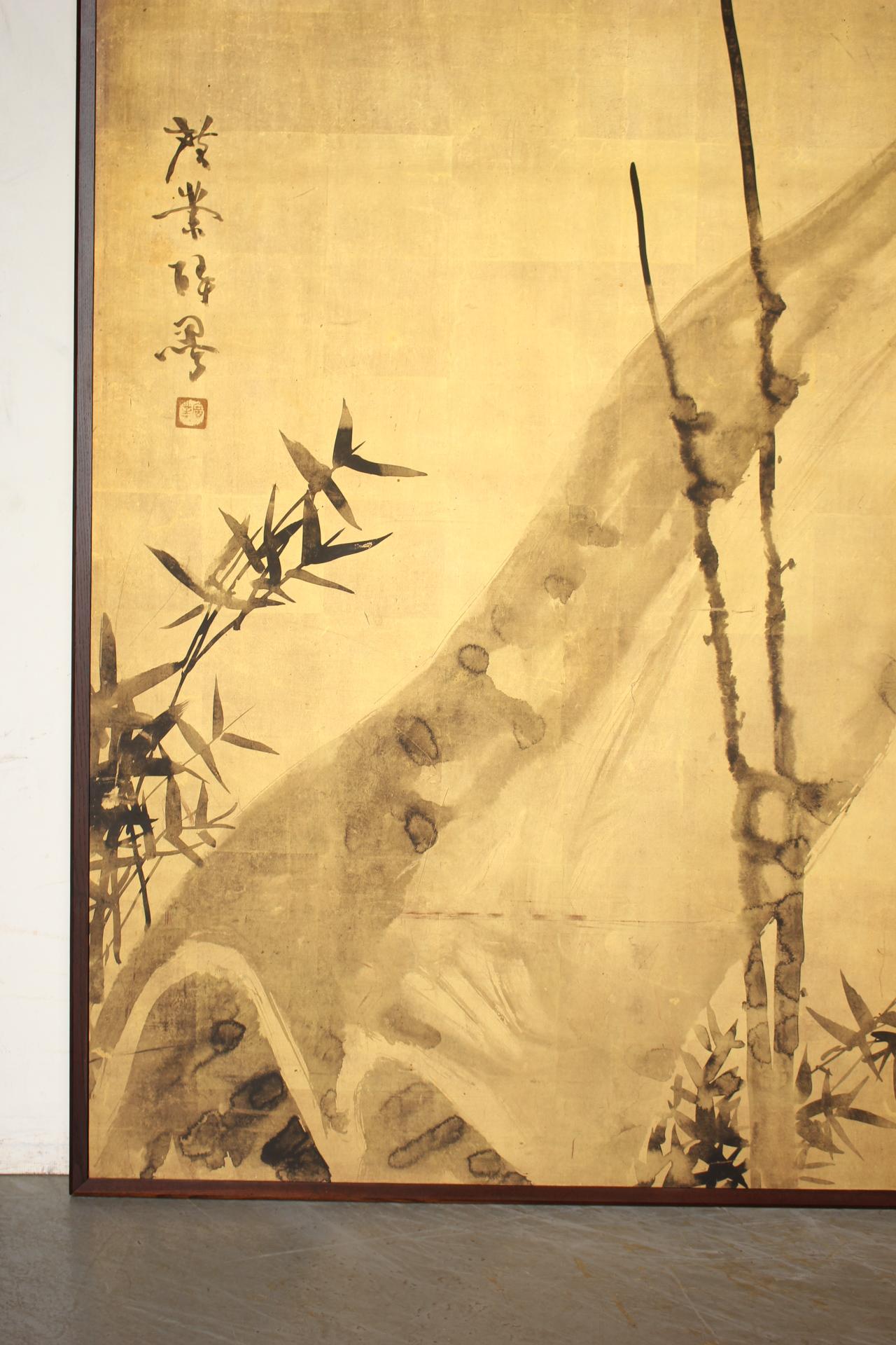 JapaneseAntiques Terasaki kogyo, Gold background, Bamboo and plum folding screen For Sale 5