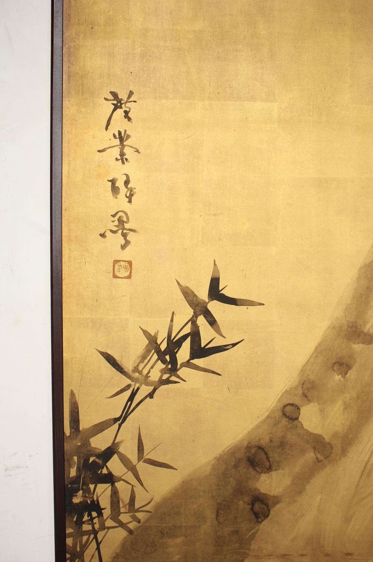 JapaneseAntiques Terasaki kogyo, Gold background, Bamboo and plum folding screen For Sale 11