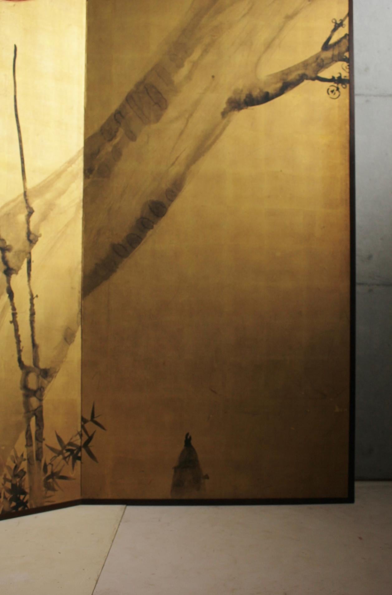 Hand-Painted JapaneseAntiques Terasaki kogyo, Gold background, Bamboo and plum folding screen For Sale