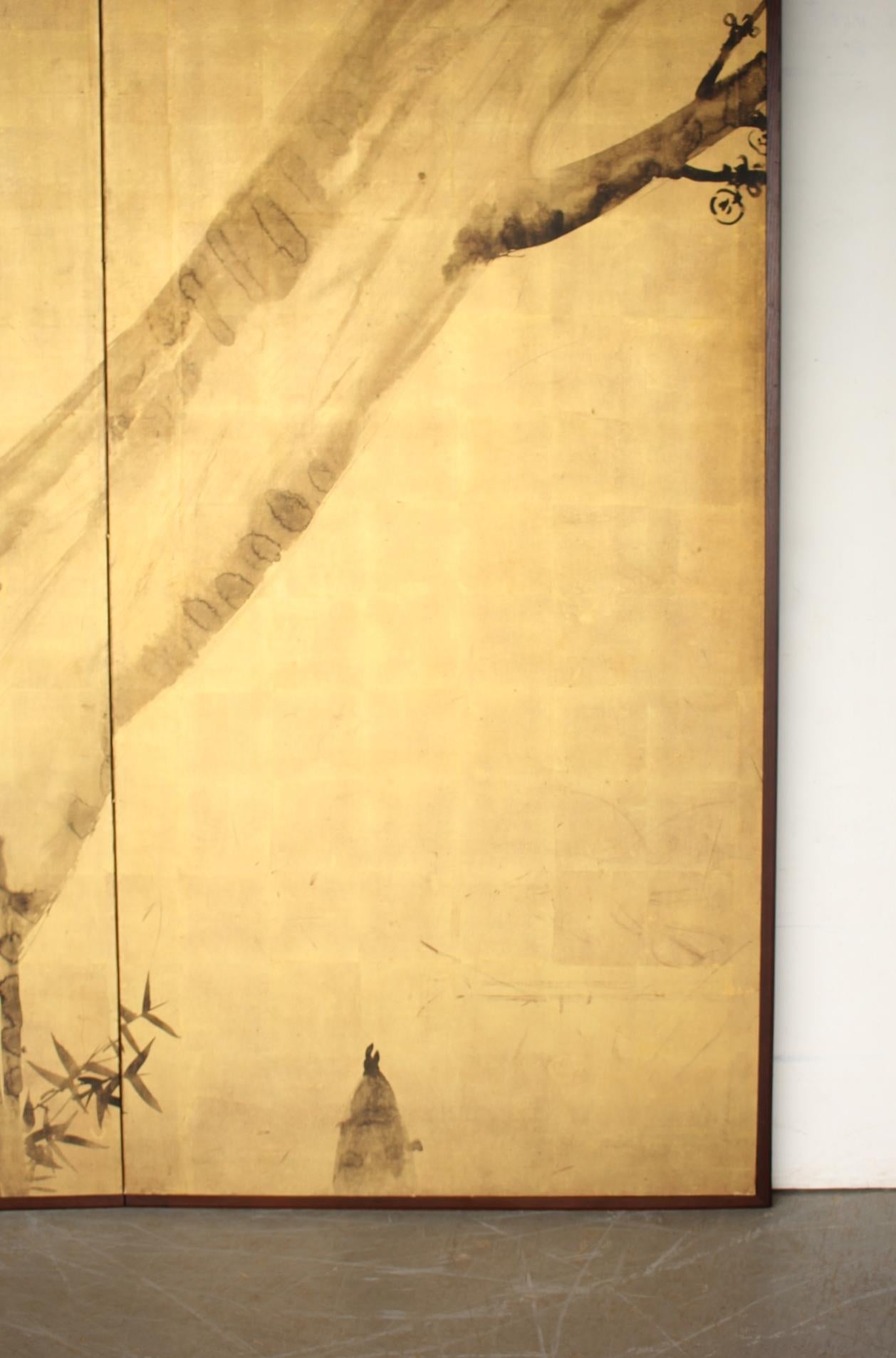 JapaneseAntiques Terasaki kogyo, Gold background, Bamboo and plum folding screen For Sale 3