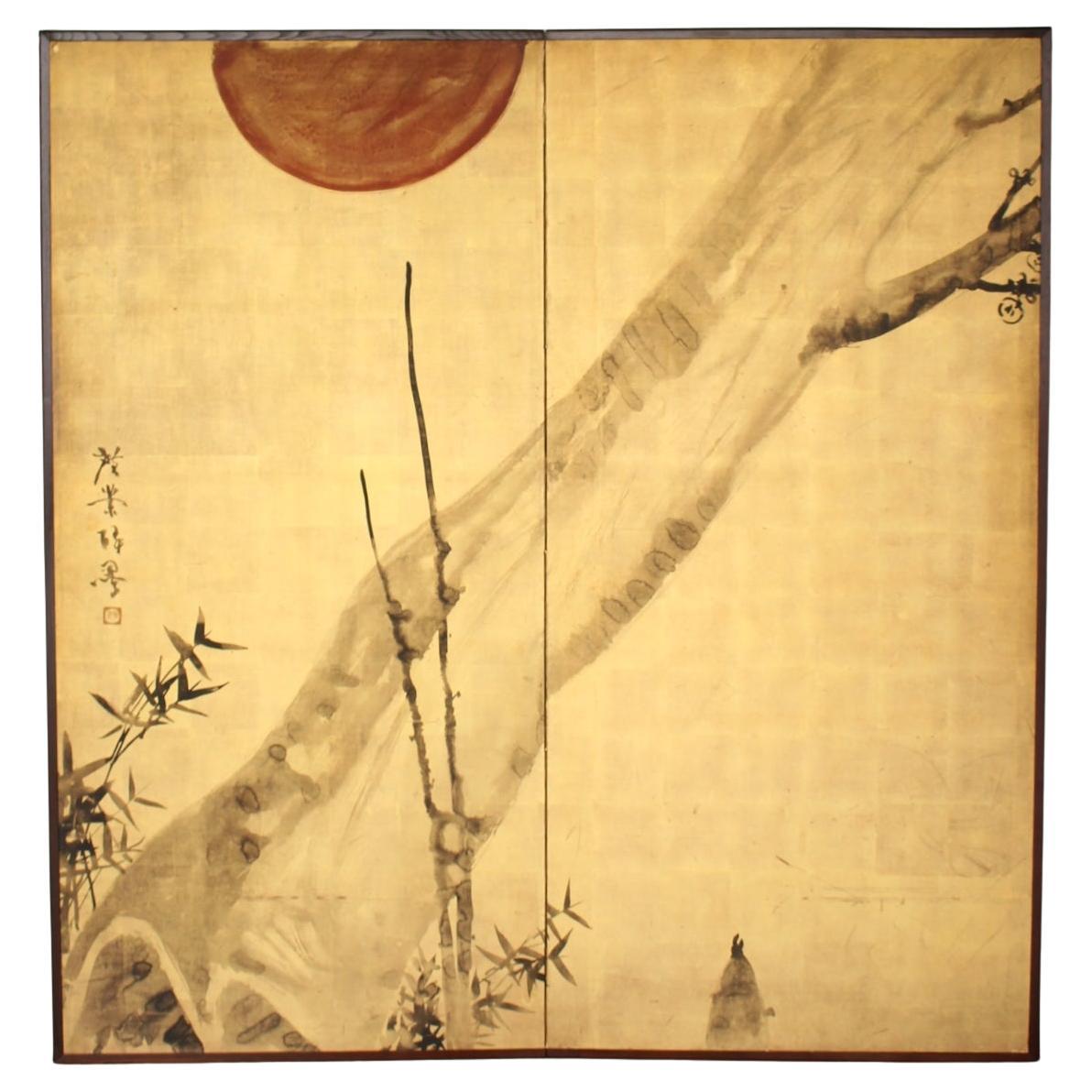 JapaneseAntiques Terasaki kogyo, Gold background, Bamboo and plum folding screen For Sale
