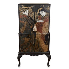 Japanesque Style Cocktail Cabinet Handpainted Depicting A 'Geisha'