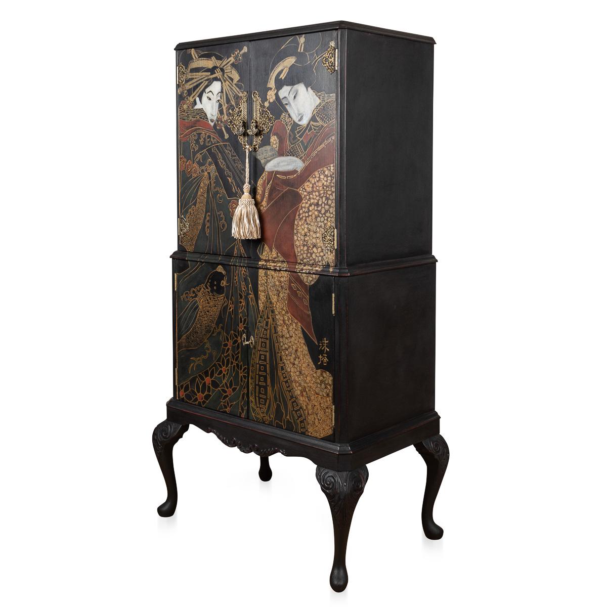 Japanese Japanesque Style Cocktail Cabinet Handpainted Depicting A 'Geisha' For Sale