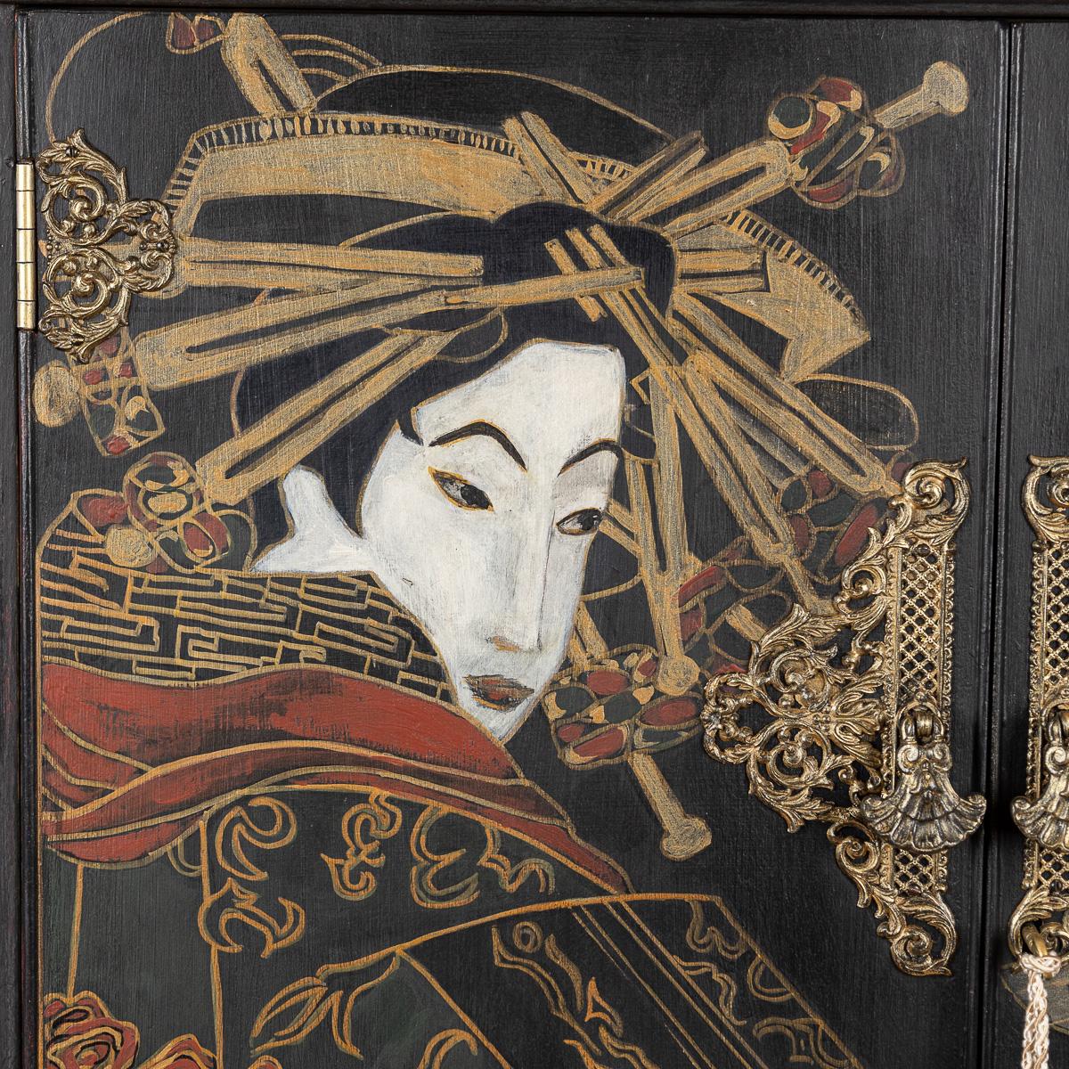 Pine Japanesque Style Cocktail Cabinet Handpainted Depicting A 'Geisha' For Sale
