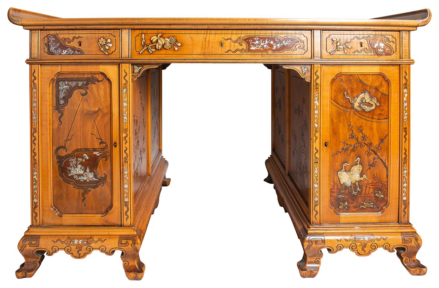 Inlay Japanned 19th Century Pedestal Desk, Attributed to Viardot For Sale