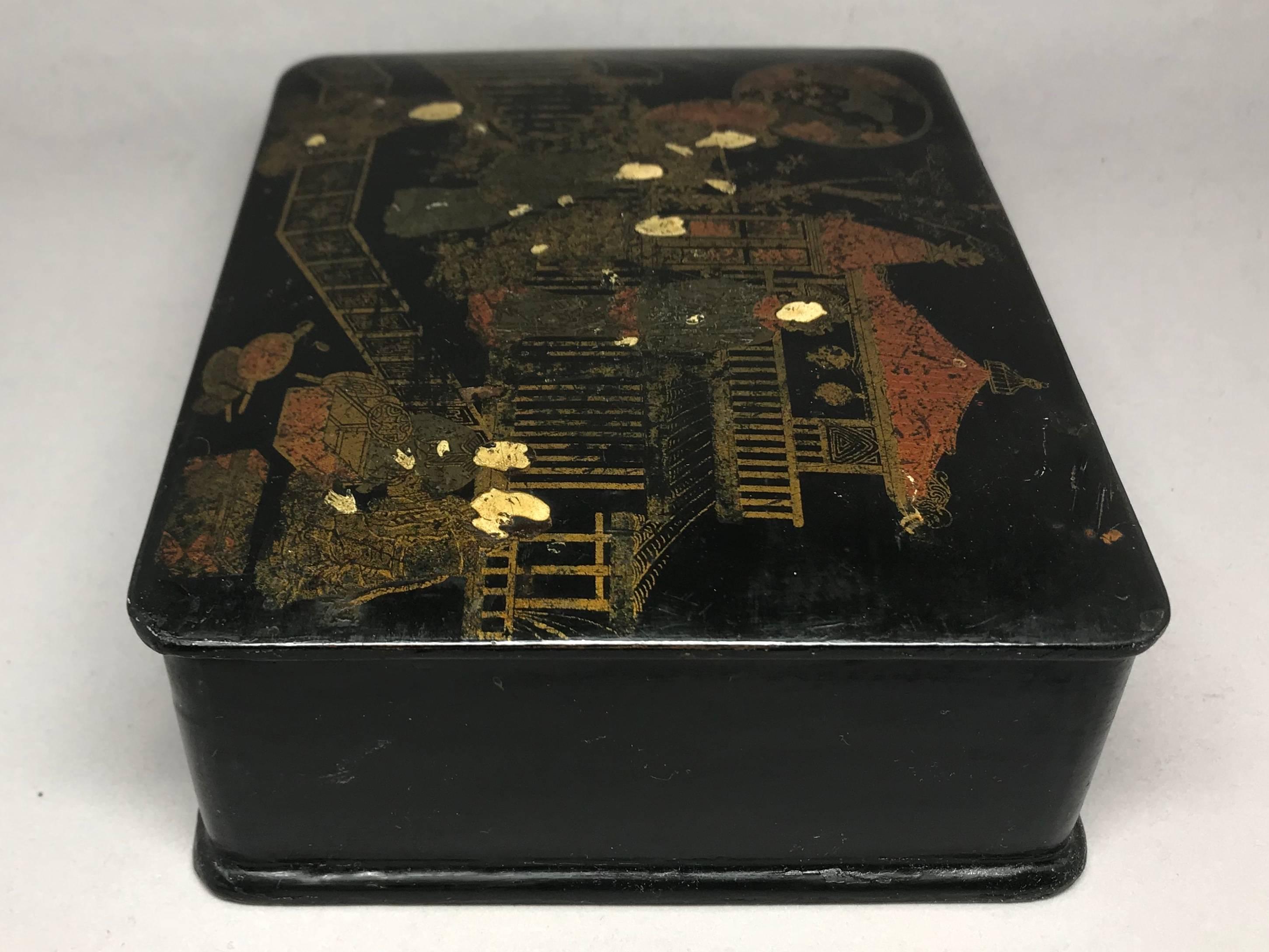 English Japanned Black Lacquered Box