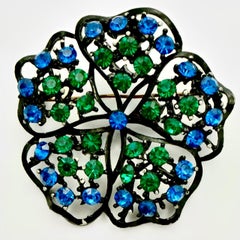 Japanned Blue and Green Crystal Flower Brooch and Leaf Clip On Earrings 1960s