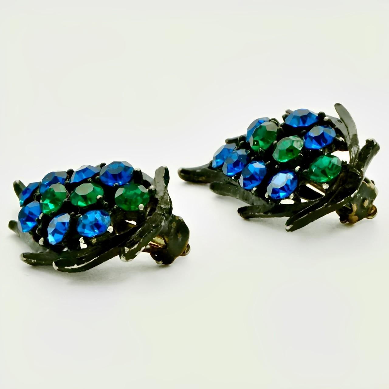 Japanned Blue and Green Crystal Flower Brooch and Leaf Clip On Earrings 1960s For Sale 1