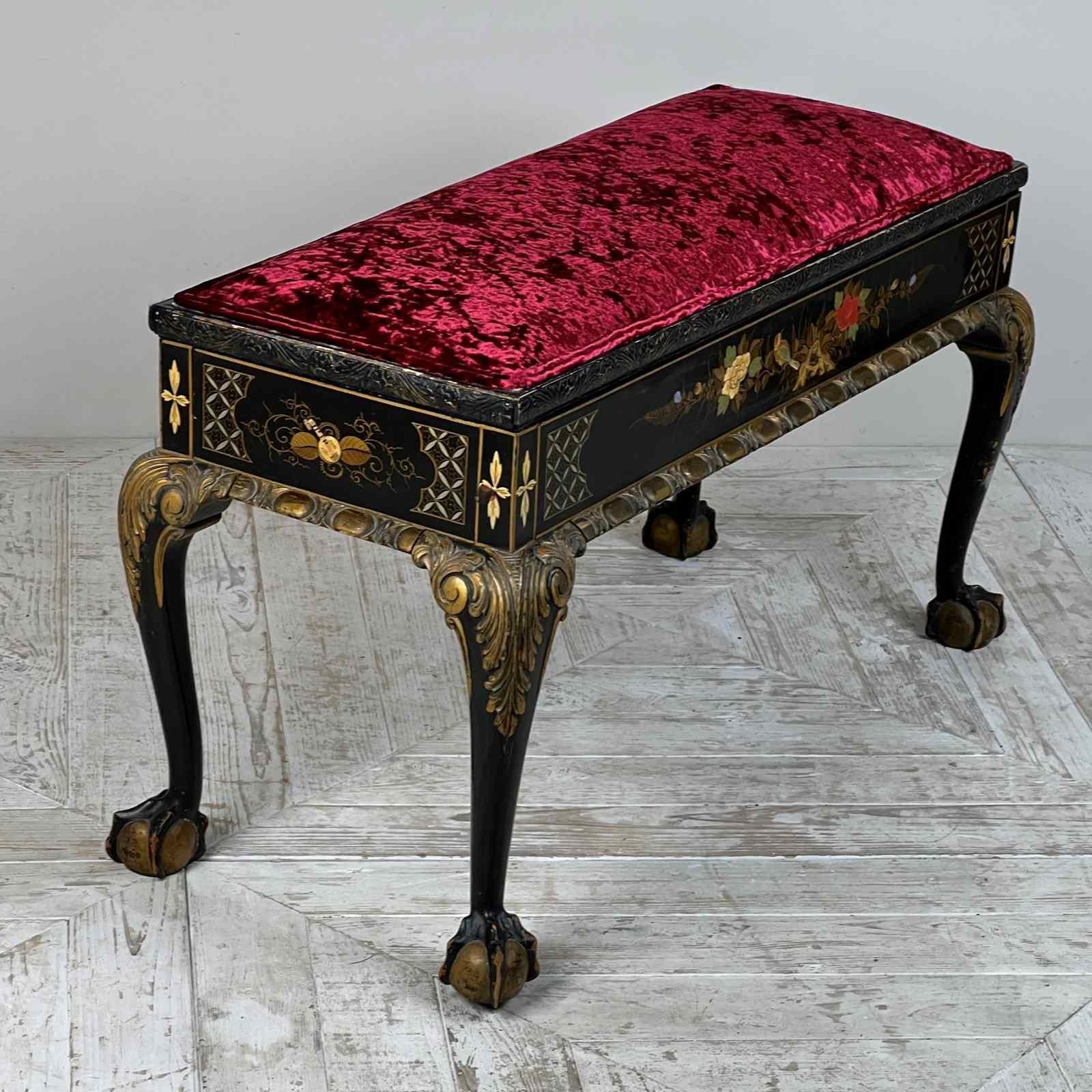 Georgian Japanned Duet Stool or Window Seat in a Luxury Velvet