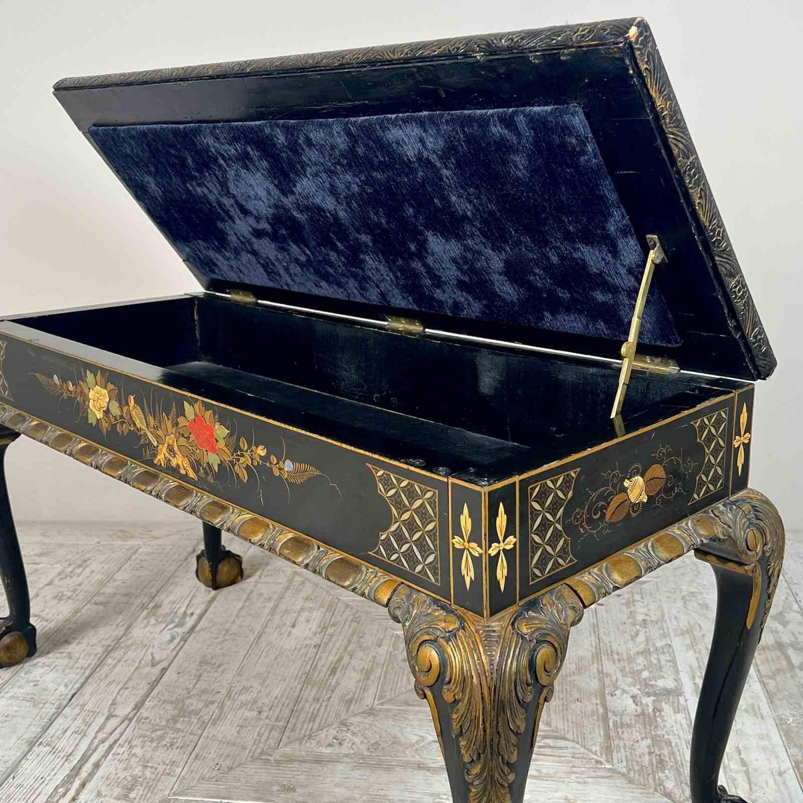 English Japanned Duet Stool or Window Seat in a Luxury Velvet