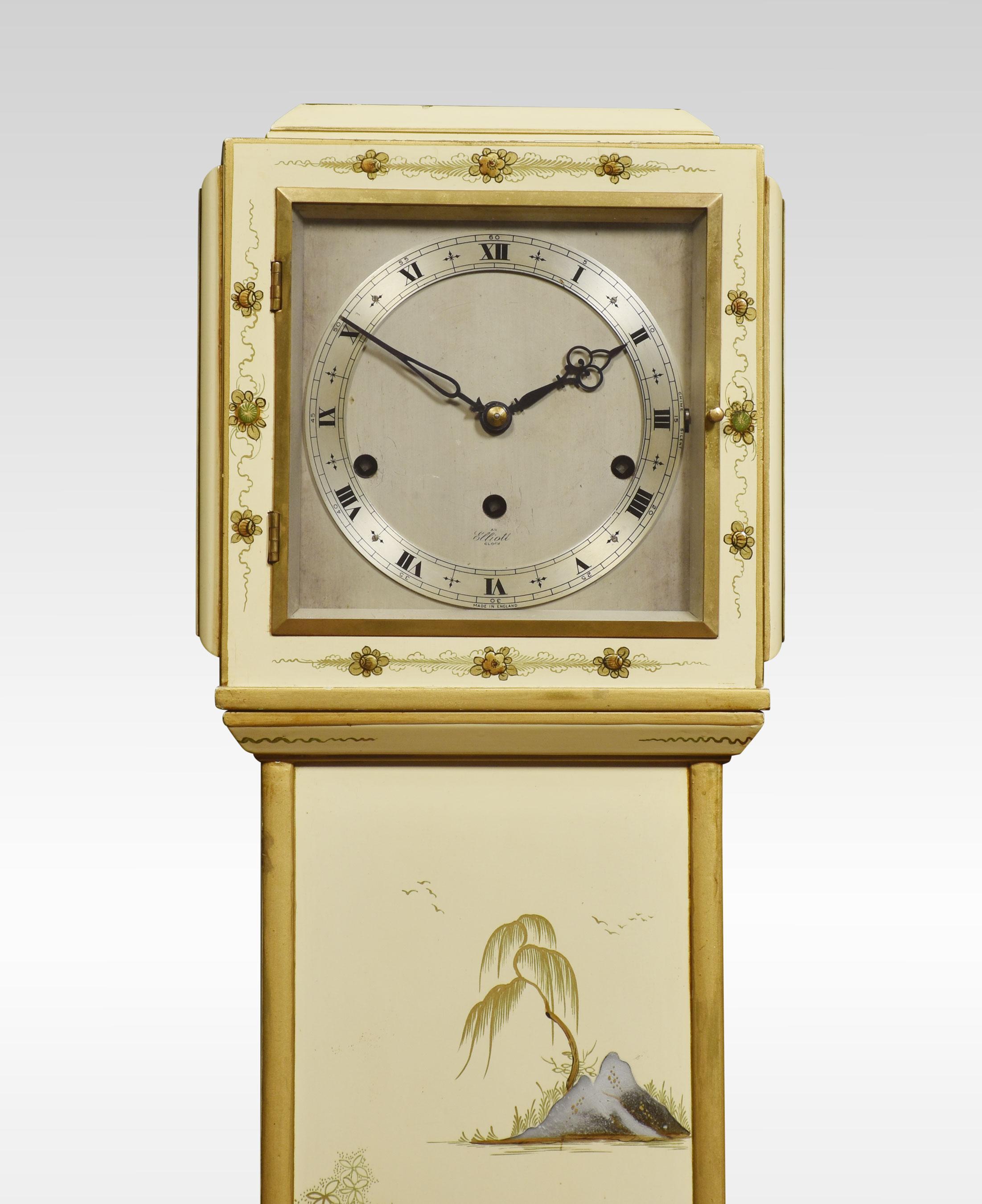 Cream japanned grandmother clock, Elliott London. The eight-day movement striking on gongs to the silvered dial with roman numerals. Enclosed in cream lacquered japanned case finish with gold detailing decorated with hand-painted oriental scenes and