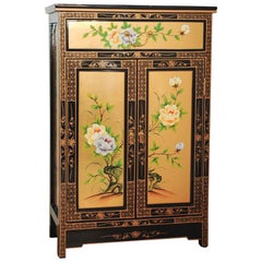 Chinese Floral, and Gold Design Lacquered Cabinet with Drawer and Doors