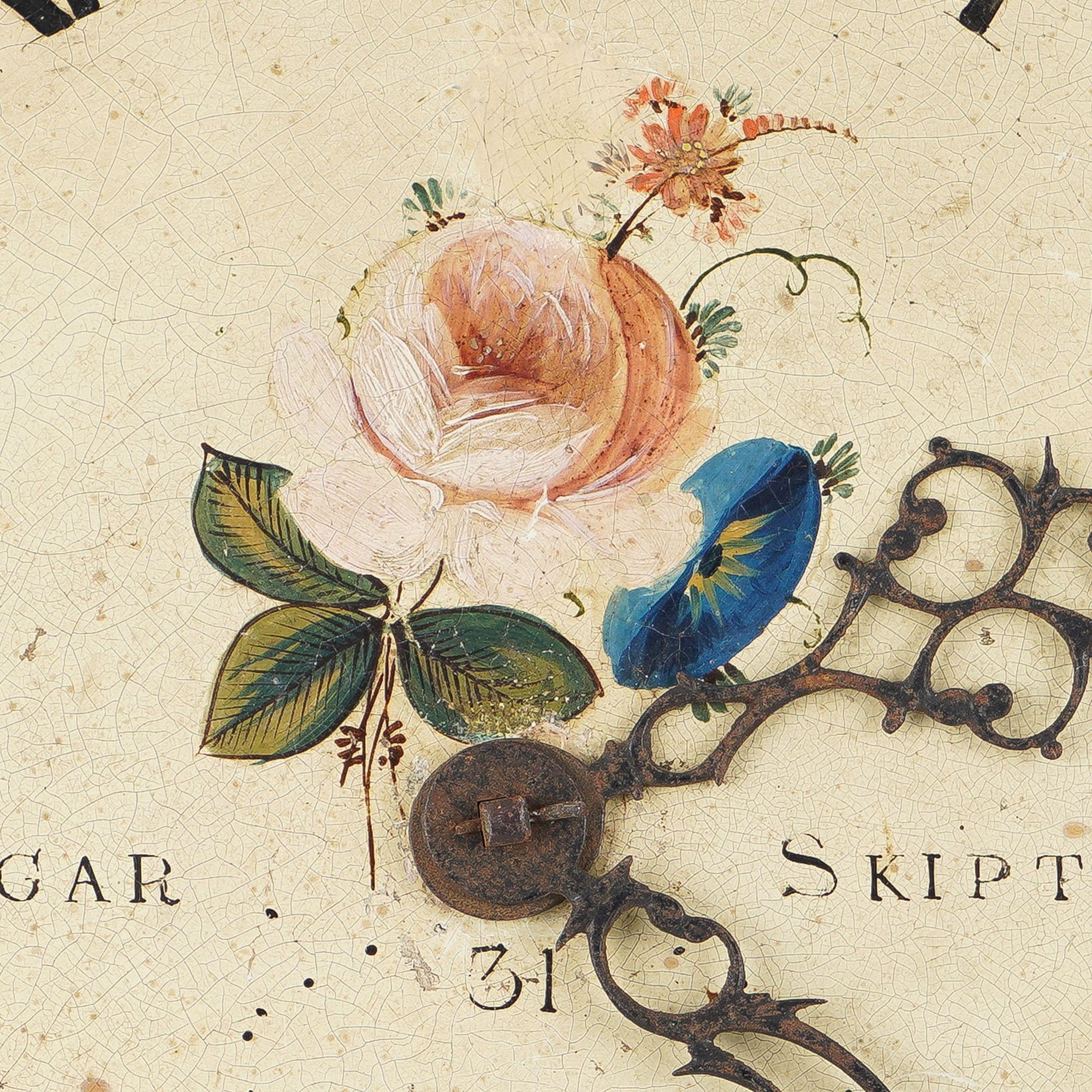 British Japanned steel clock face with English roses by Edmund Sagar, 1793-1805 For Sale