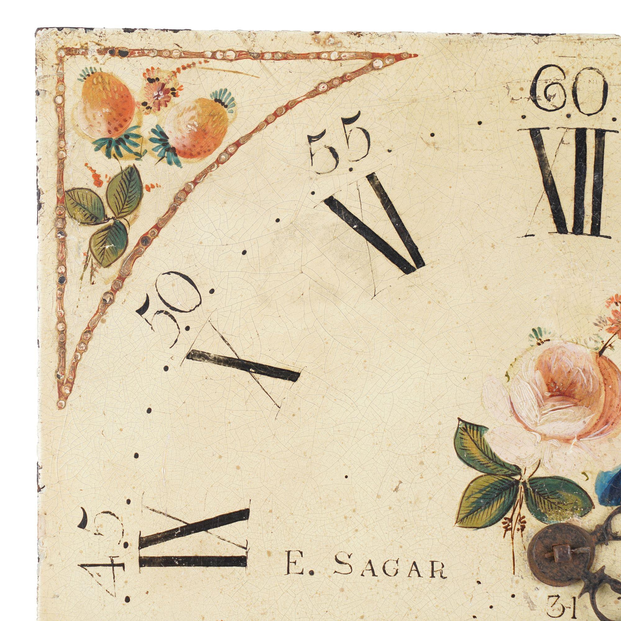 Japanned steel clock face with English roses by Edmund Sagar, 1793-1805 In Fair Condition For Sale In Kenilworth, IL