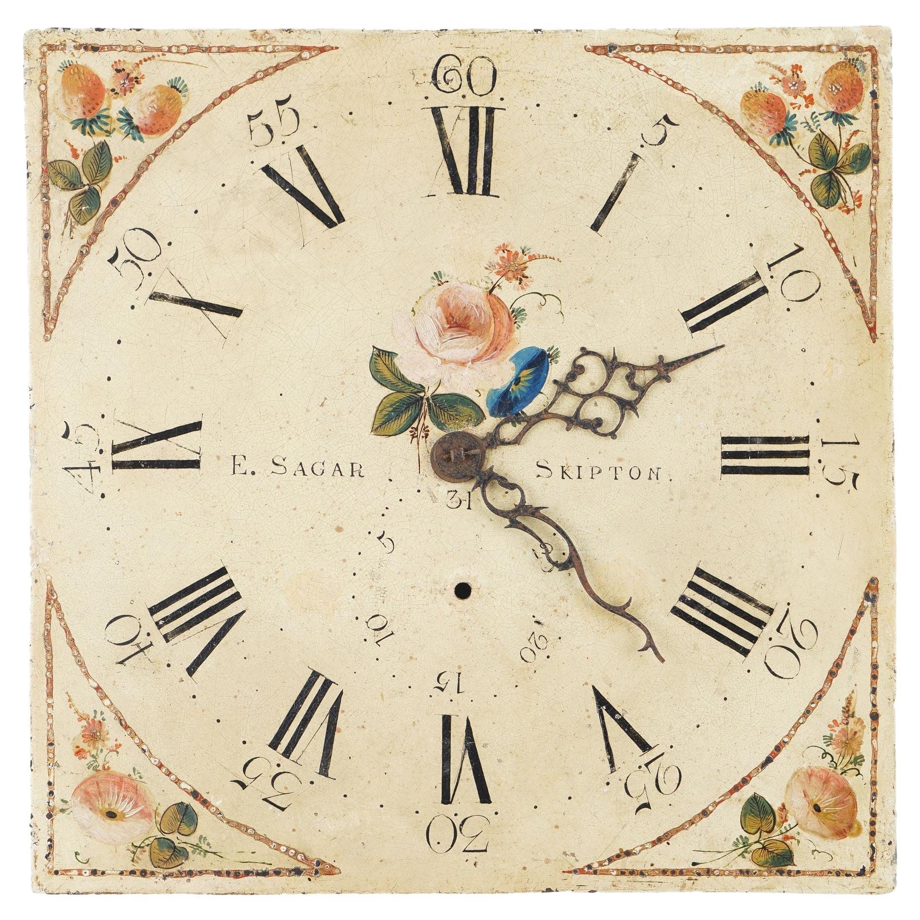 Japanned steel clock face with English roses by Edmund Sagar, 1793-1805 For Sale