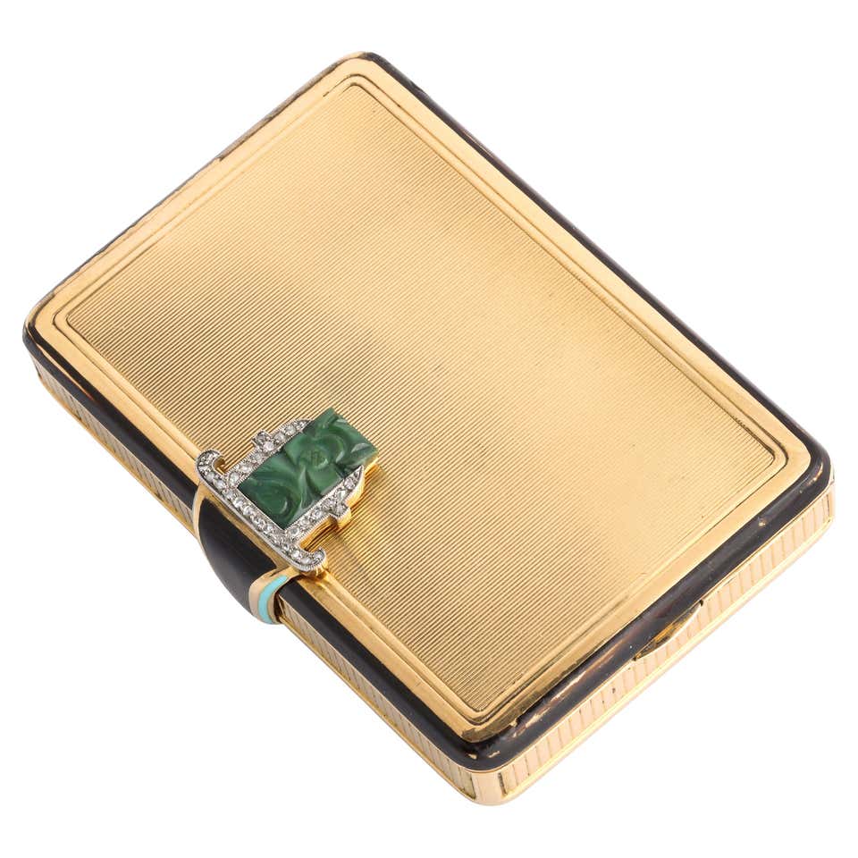 Art Deco 14 Karat Gold Sapphire and Diamond Half Moon French Powder ...