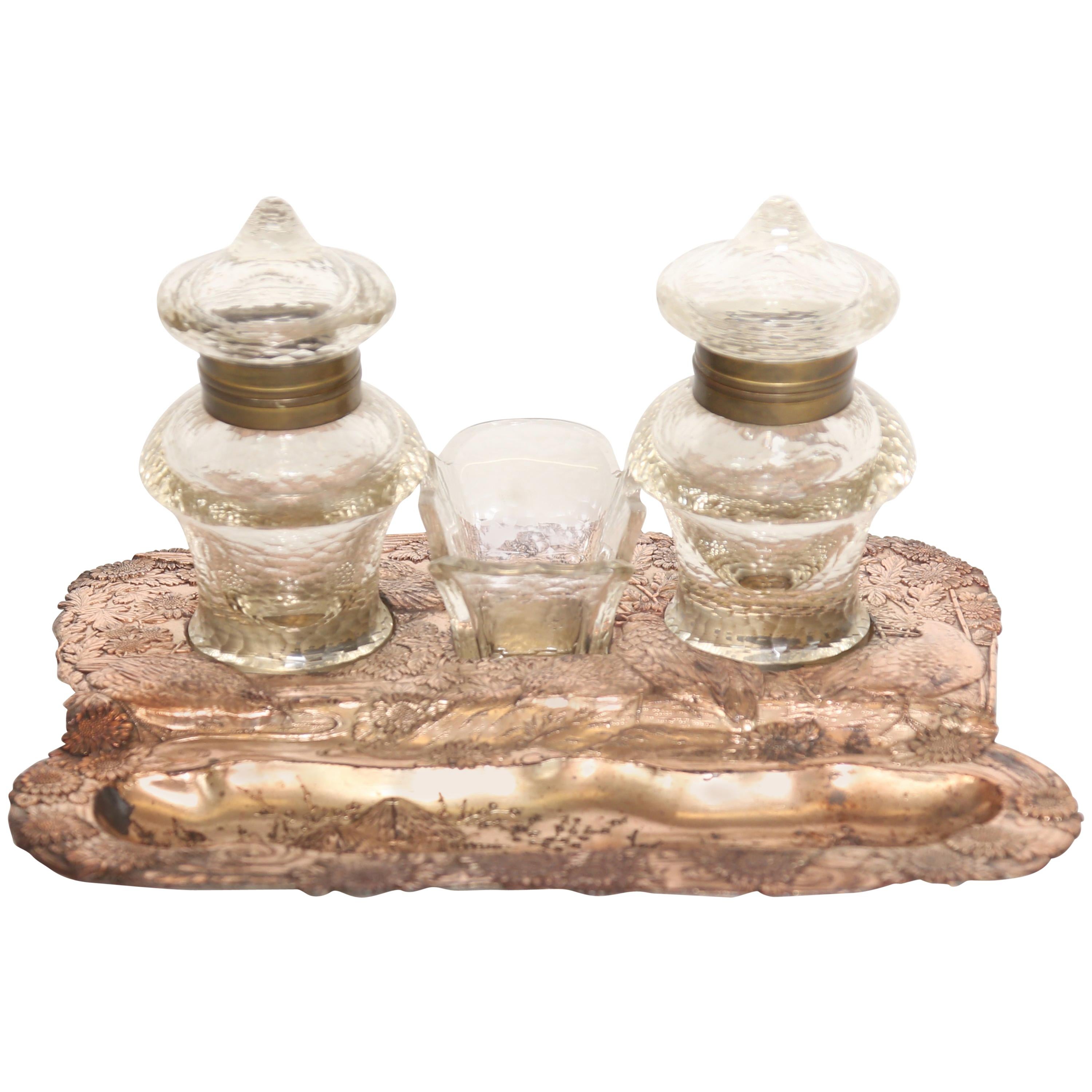Japonais Revival Coppered Inkstand with Hand Carved Glass Ink Wells  For Sale