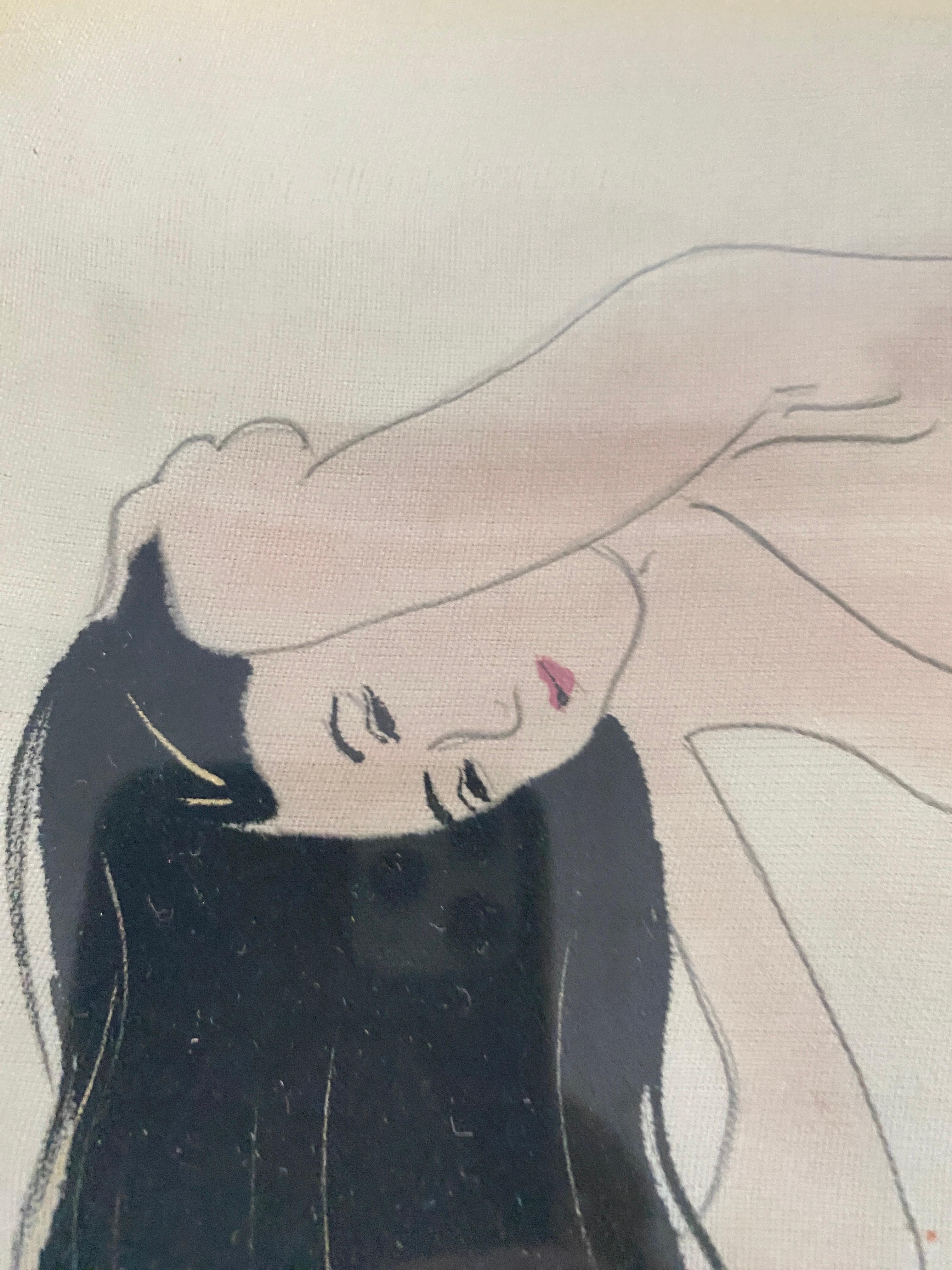 Japonaise-Gemälde in einem Holzrahmen, Darstellung einer Frau, Japan, XX. Jahrhundert (20. Jahrhundert) im Angebot