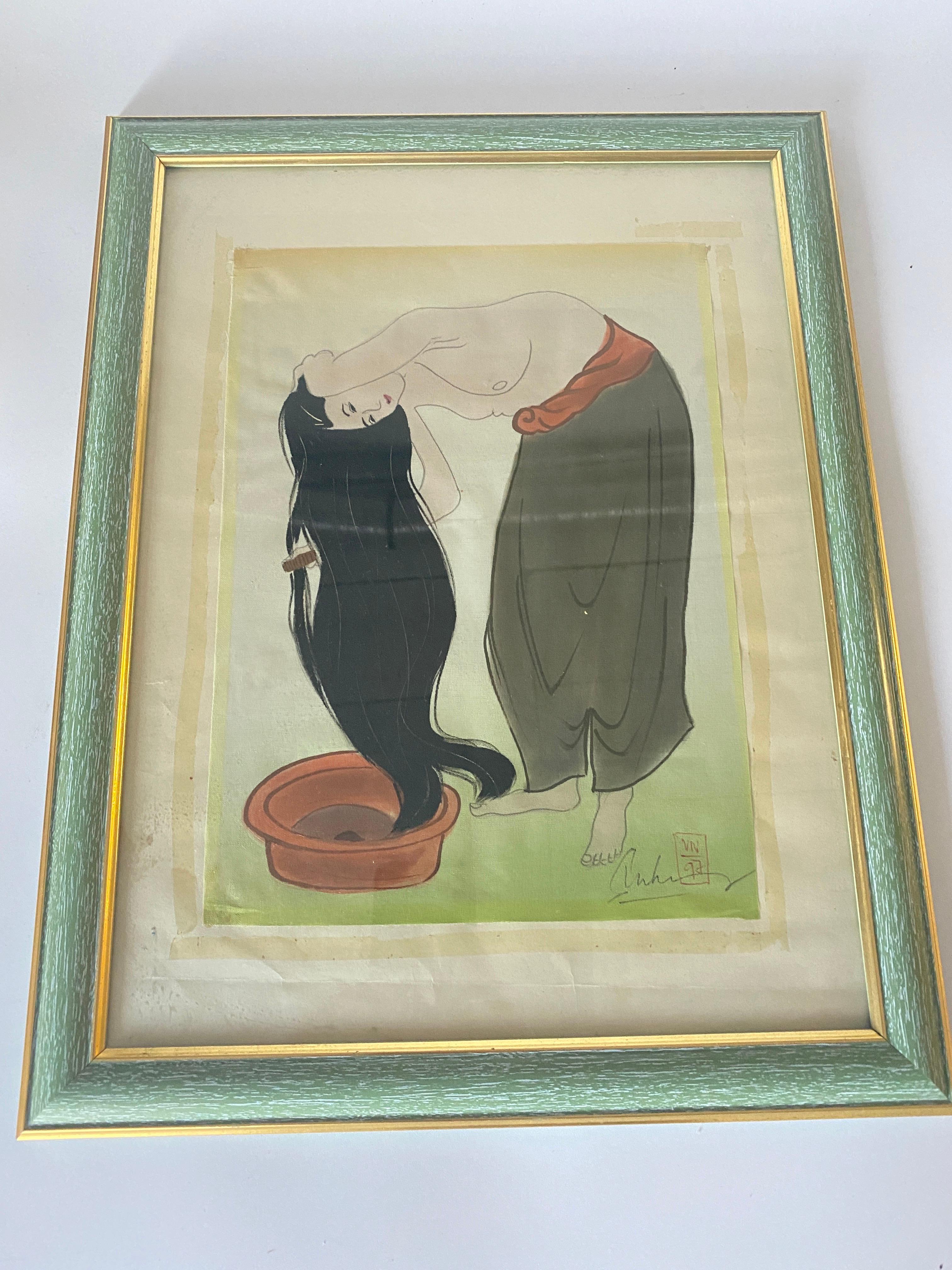 20th Century Japonaise Painting in a Wood Frame, Representing a Woman, Japan, XX Century For Sale