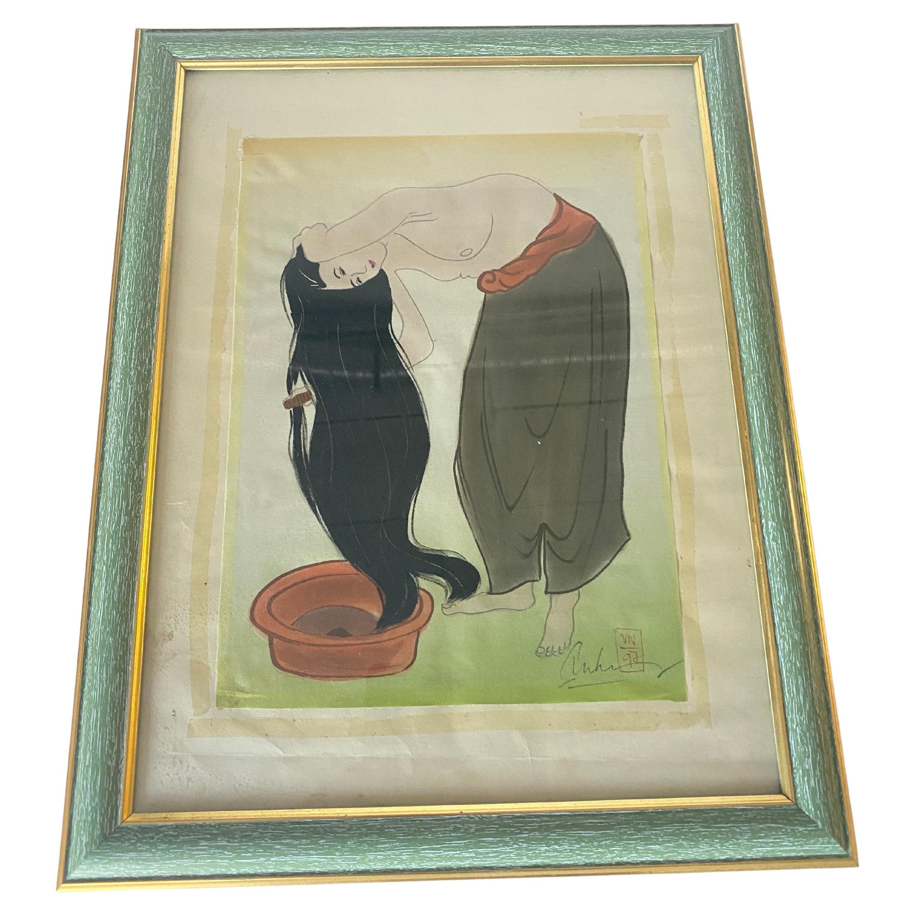 Japonaise Painting in a Wood Frame, Representing a Woman, Japan, XX Century For Sale