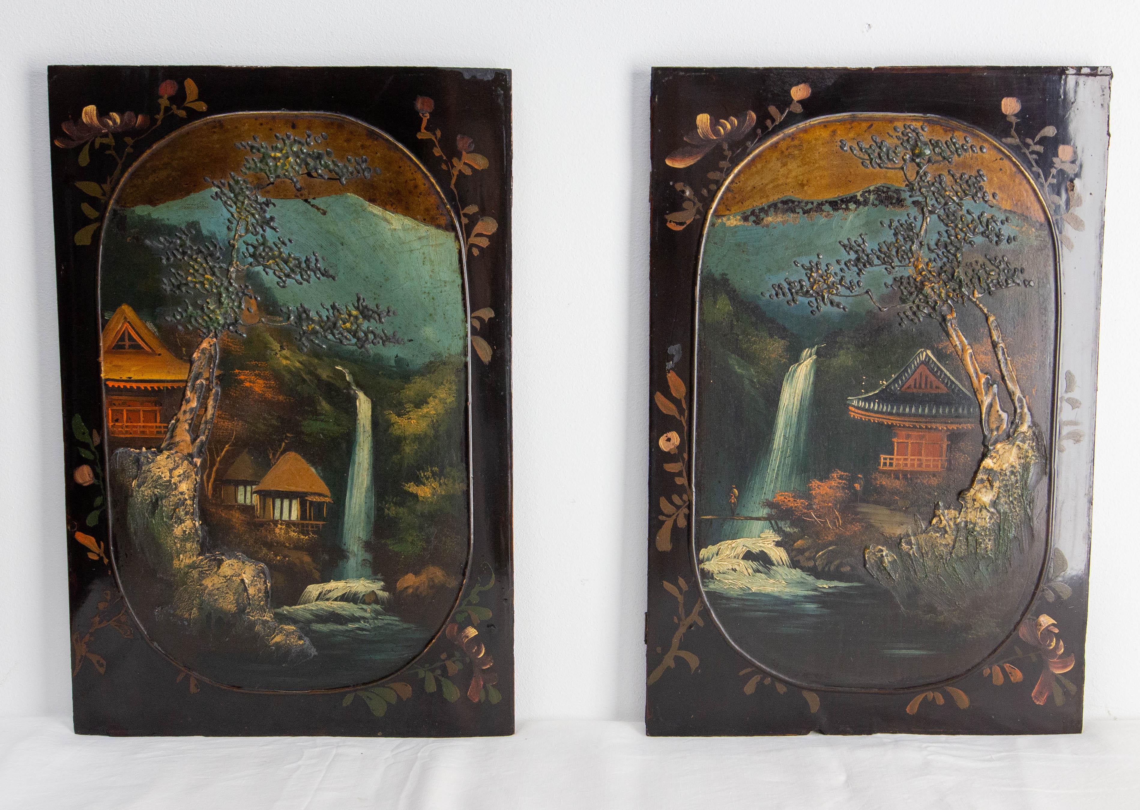 Japonese Pair of Painted and Lacquered Wood Panels, Mid-19th Century For Sale 8