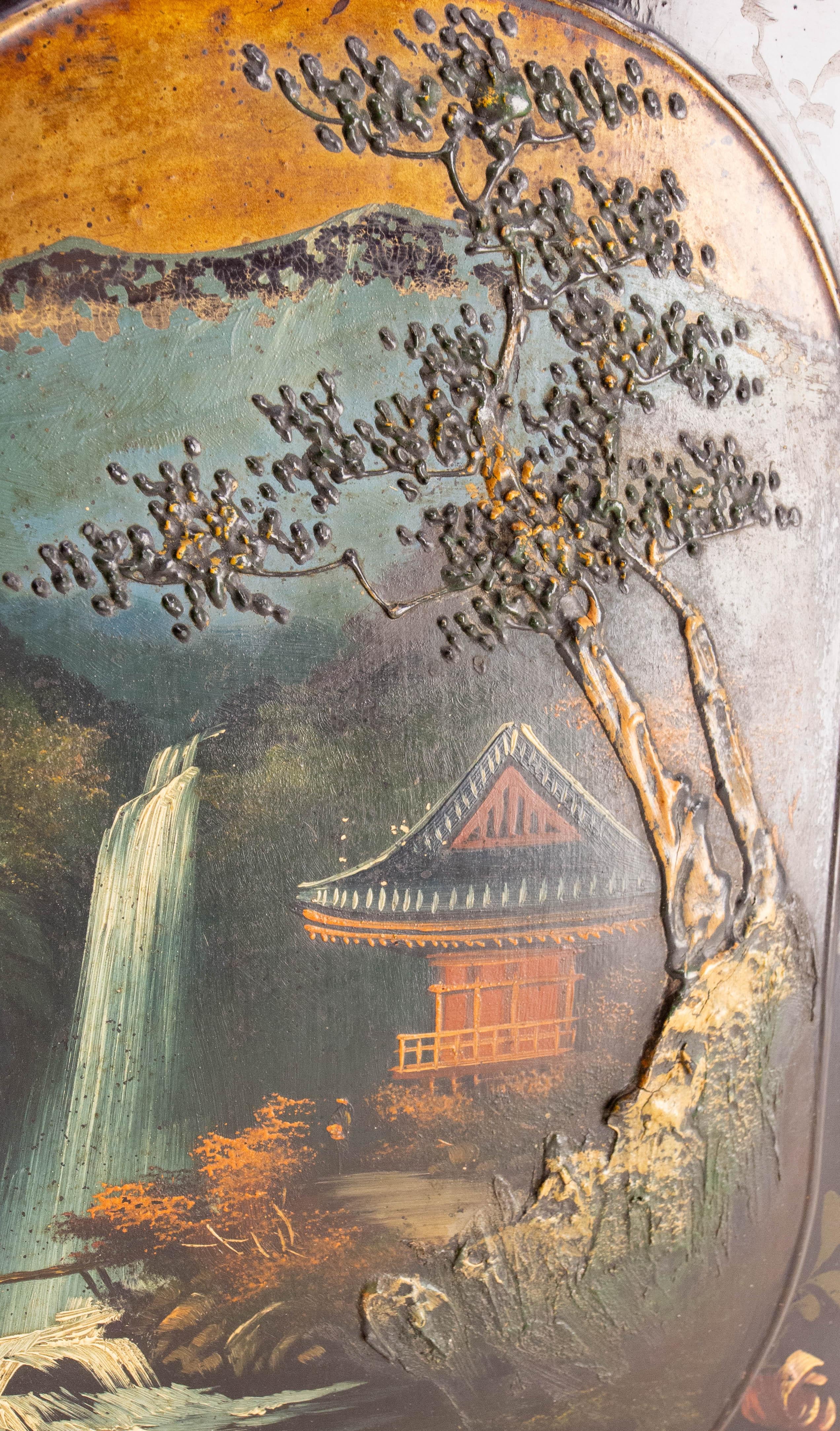 Pair of Japanese paintings done on wood panel, probably dating from the middle of the 19th century (1850-1860).

One represents a landscape with a temple; in the foreground, a tree in slight relief (stucco), in a natural setting.
The other depicts a