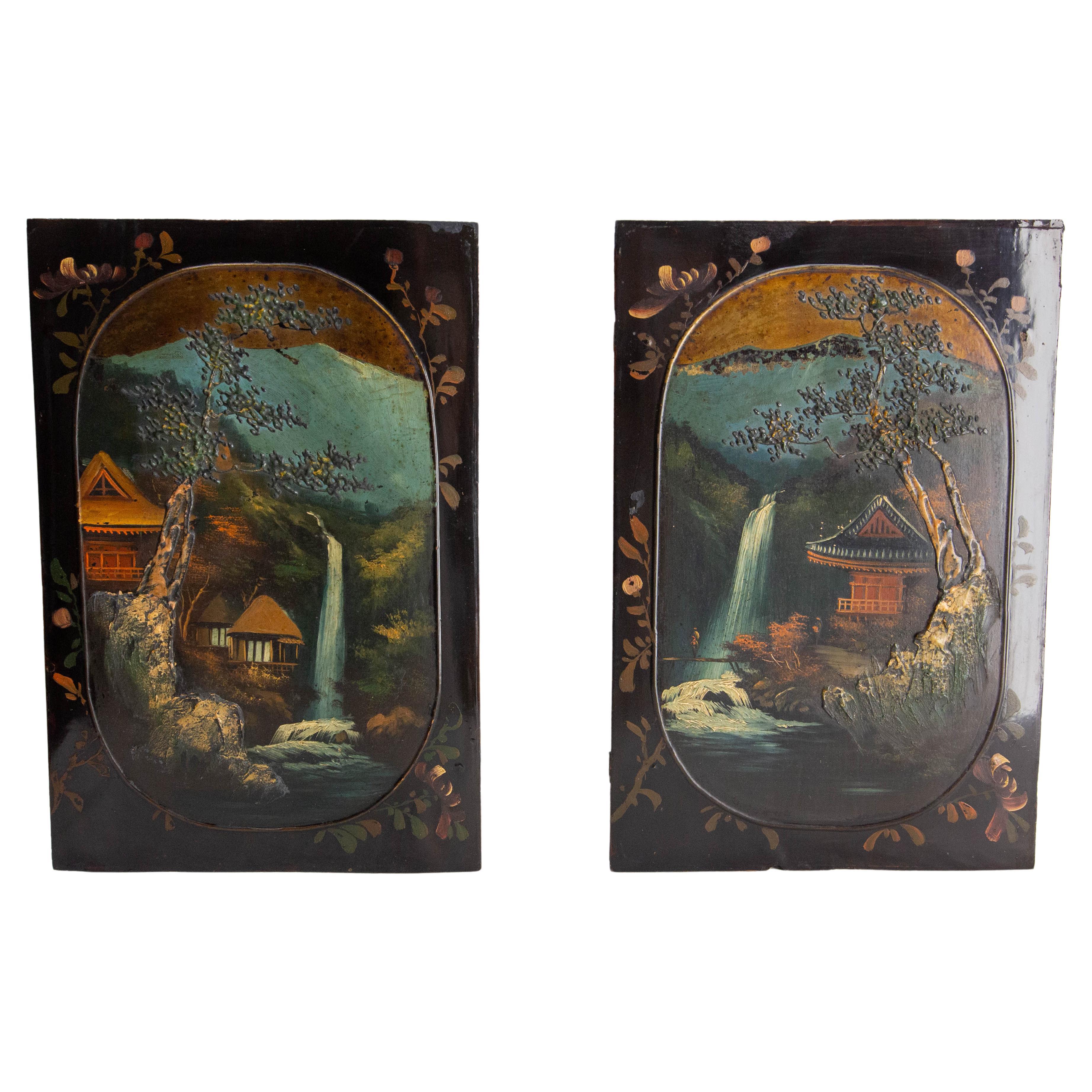 Japonese Pair of Painted and Lacquered Wood Panels, Mid-19th Century For Sale