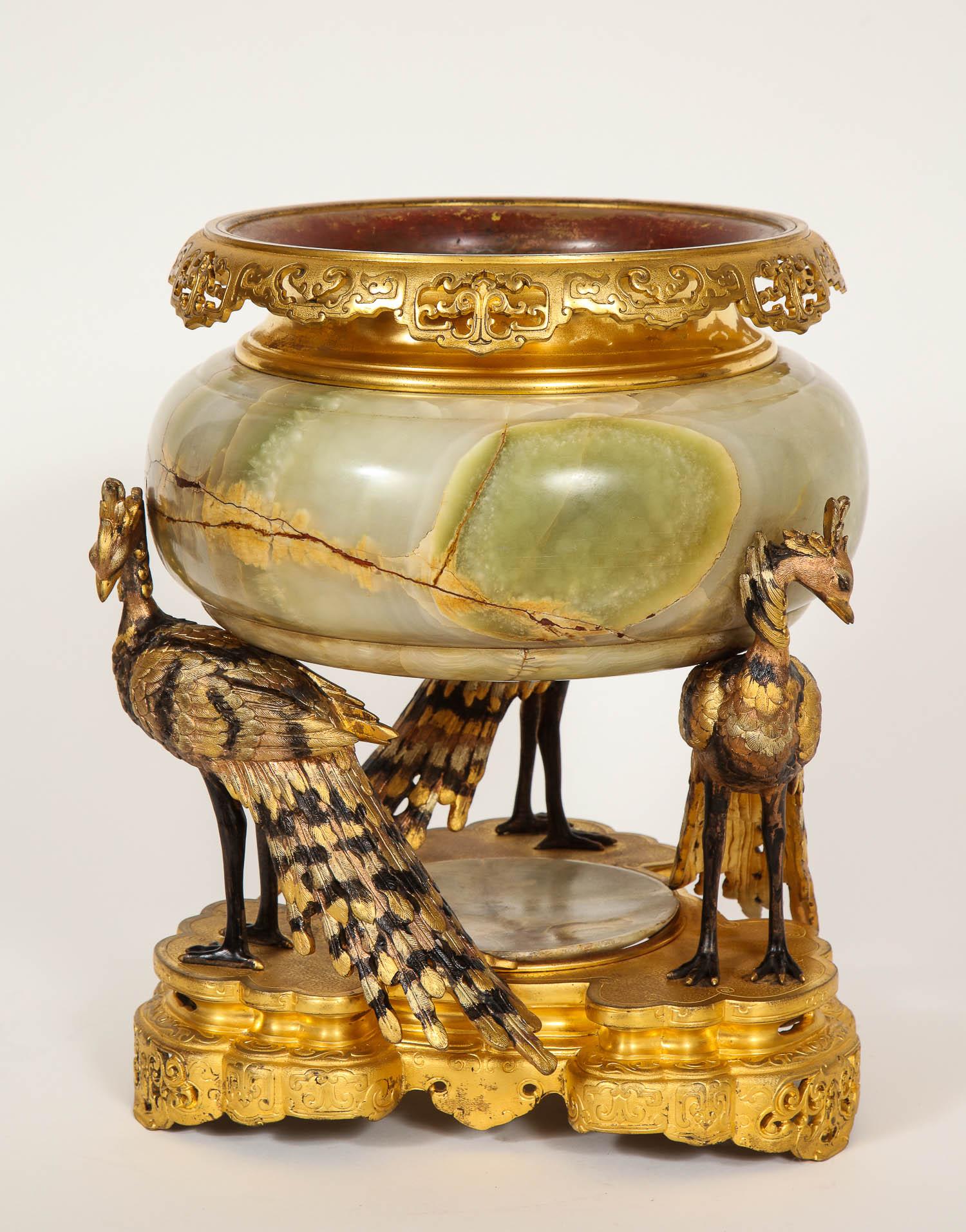 Japonism Bronze & Onyx Figural Phoenix Centerpiece/Jardinièr, Attributed Cornu For Sale 2