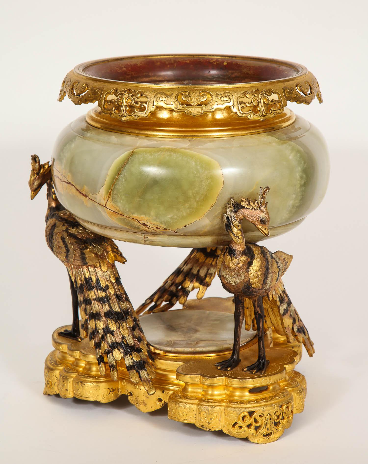 Japonism Bronze & Onyx Figural Phoenix Centerpiece/Jardinièr, Attributed Cornu For Sale 3