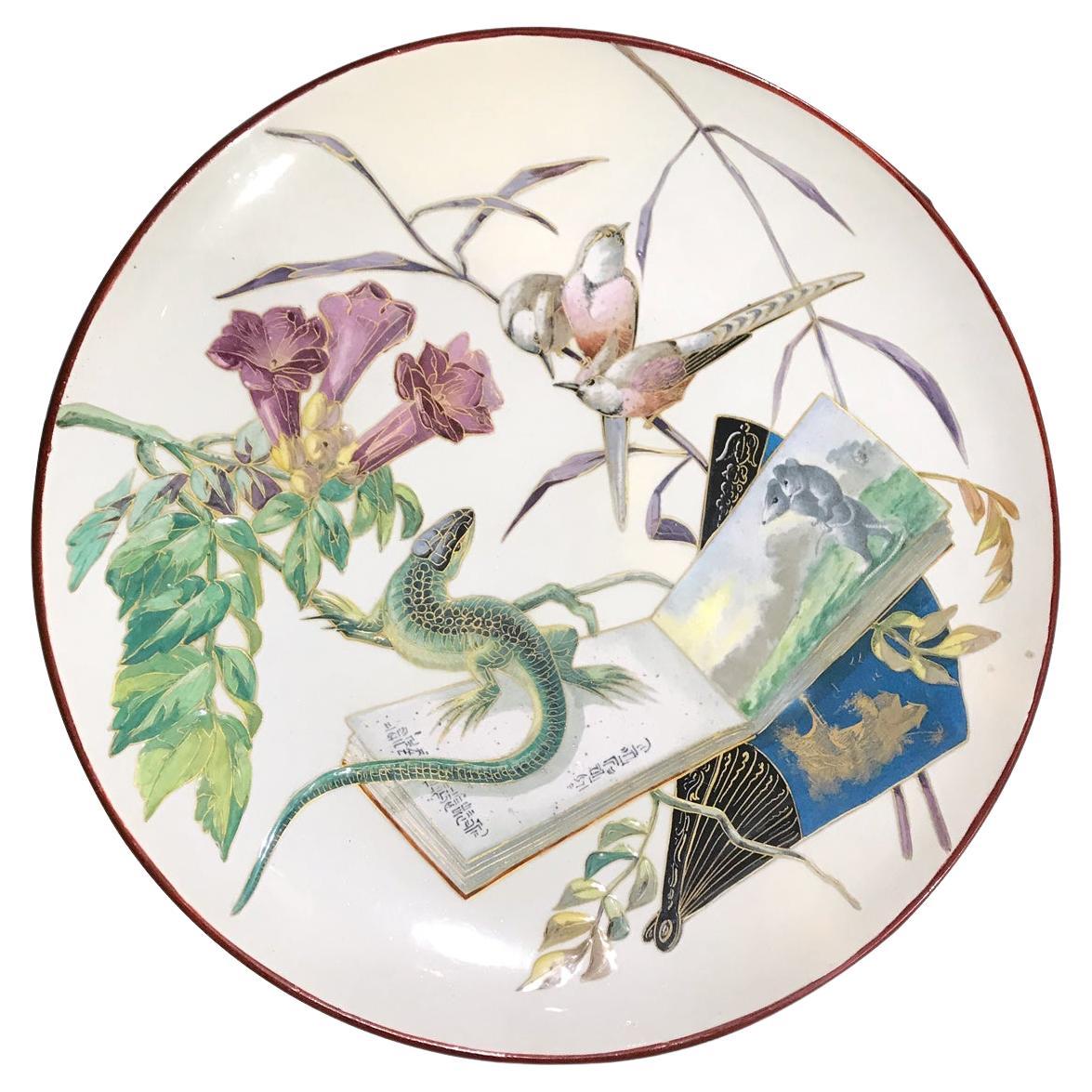 Hand-Painted Japonisme Decorative Dish,  Barluet at Creil B&Cie, circa 1880 For Sale