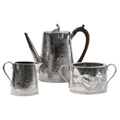 Japonism tea service in silver-plated metal, inspired by Christopher Dresser
