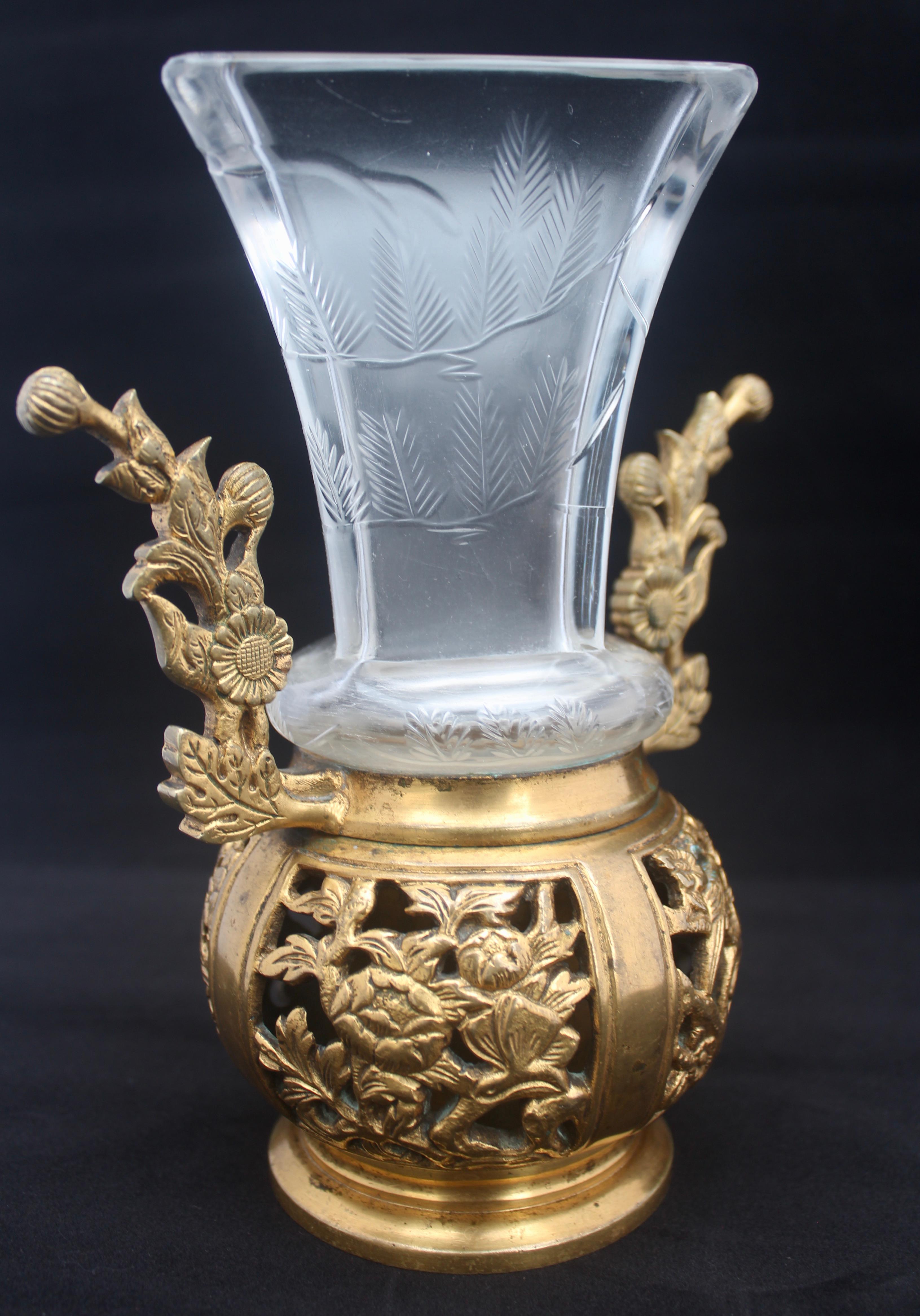 Hand-Carved Japonisme Crystal Vase, Ormolu Mount by Maison Baccarat for Escalier De Cristal