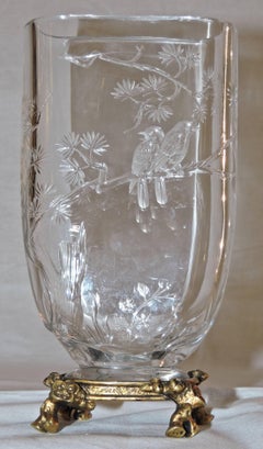 Japonisme Cutted Crystal Vase Attributed to Maison Baccarat with Ormolu Mount