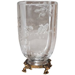 Japonisme Cutted Crystal Vase Attributed to Maison Baccarat with Ormolu Mount