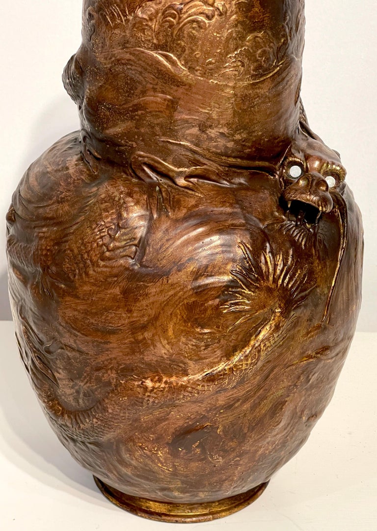 English Japonisme Dragon Motif Copper Clad Vase by Bretby Pottery  For Sale