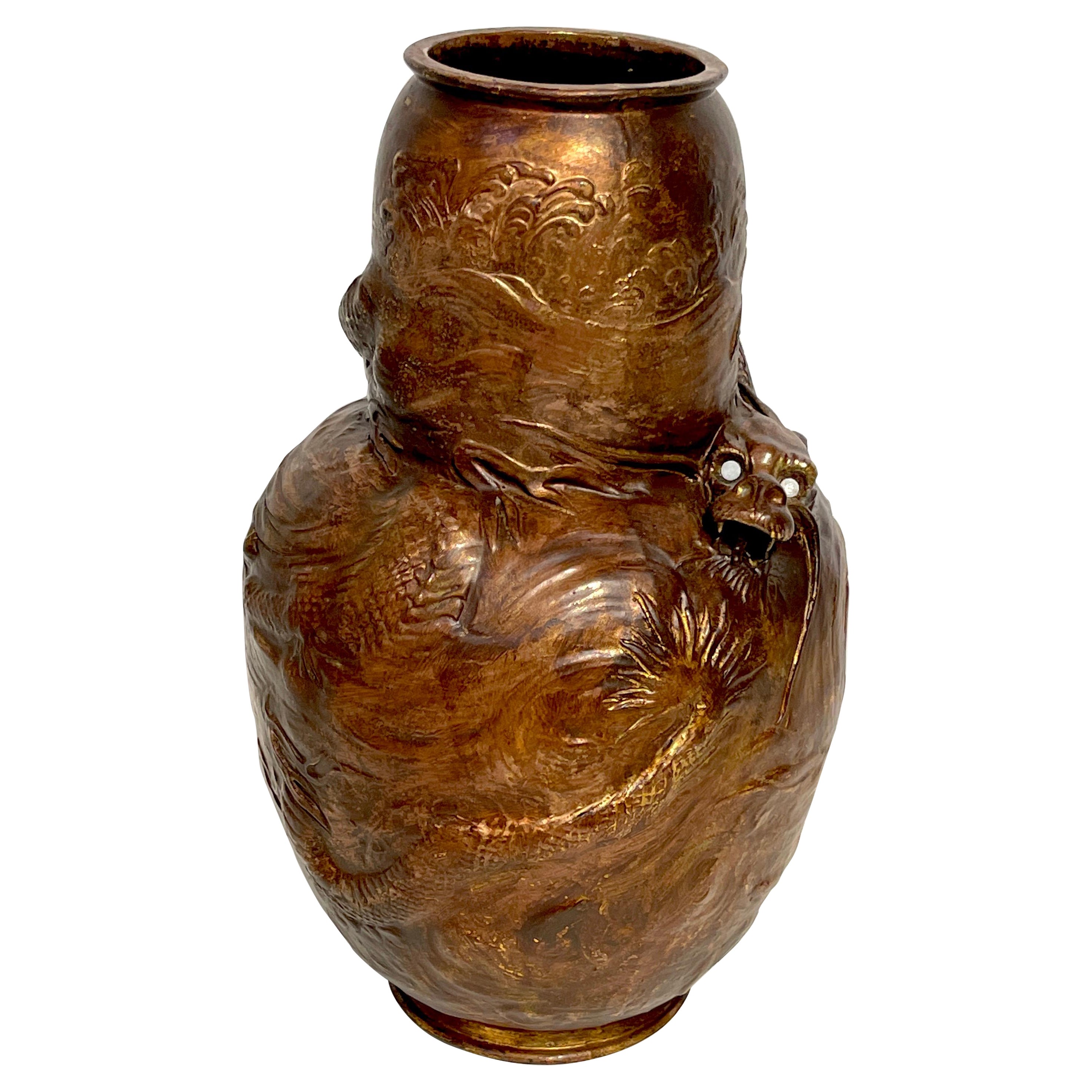 Japonisme Dragon Motif Copper Clad Vase by Bretby Pottery