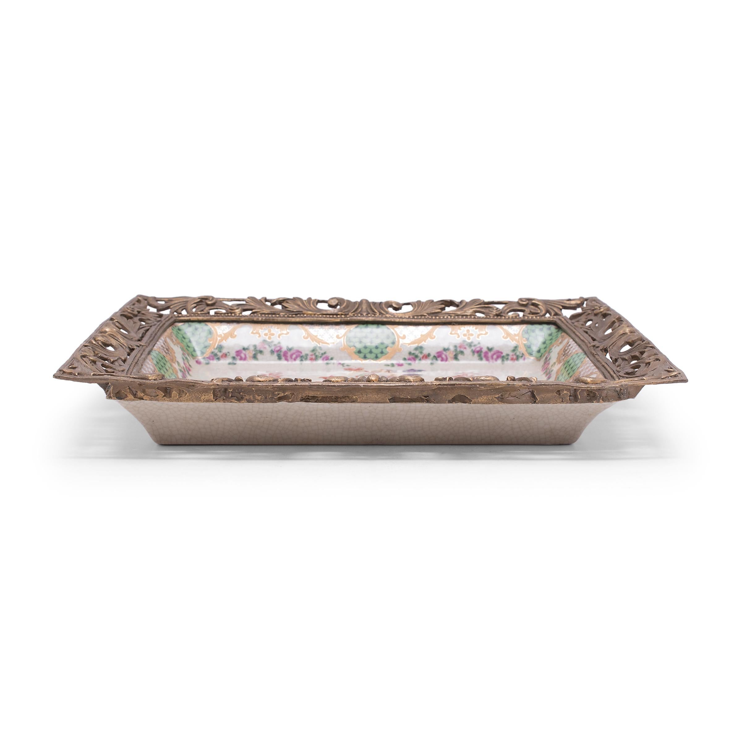 Japonisme Porcelain Serving Tray with Ormolu Trim, circa 1930 In Good Condition For Sale In Chicago, IL