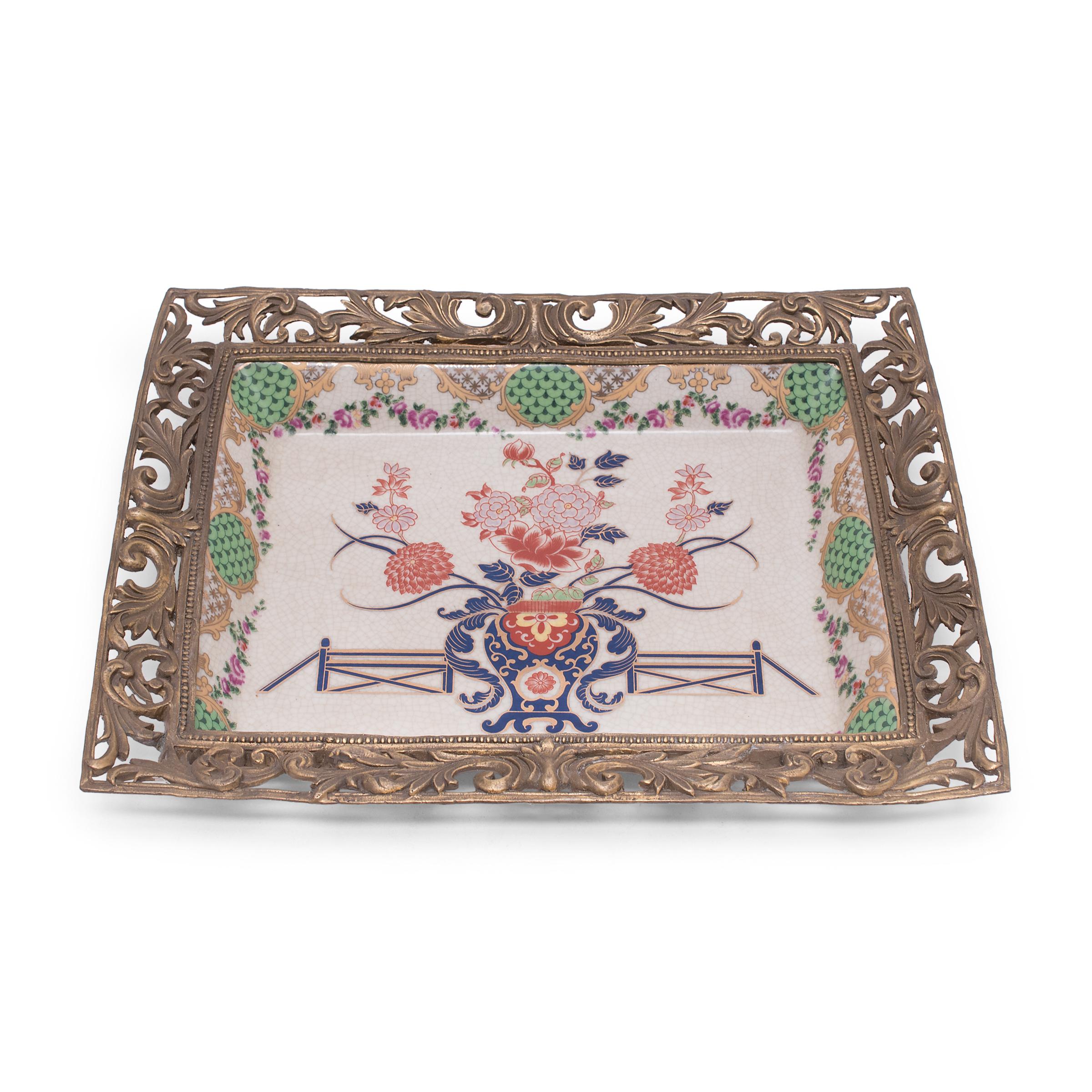 Japonisme Porcelain Serving Tray with Ormolu Trim, circa 1930