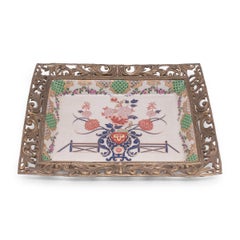 Antique Japonisme Porcelain Serving Tray with Ormolu Trim, circa 1930