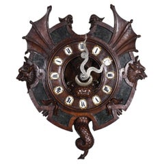 Antique Japonist Wall Clock in Carved Wood and Hardstone – 19th Century