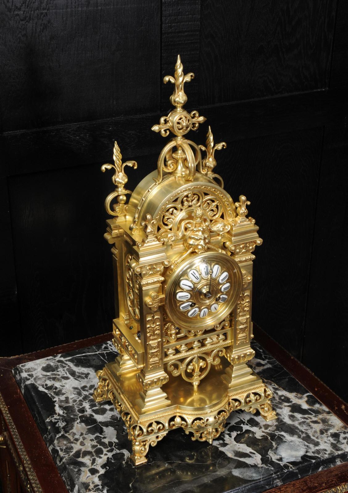 Japy Freres Antique French Gilt Bronze Gothic Clock 6