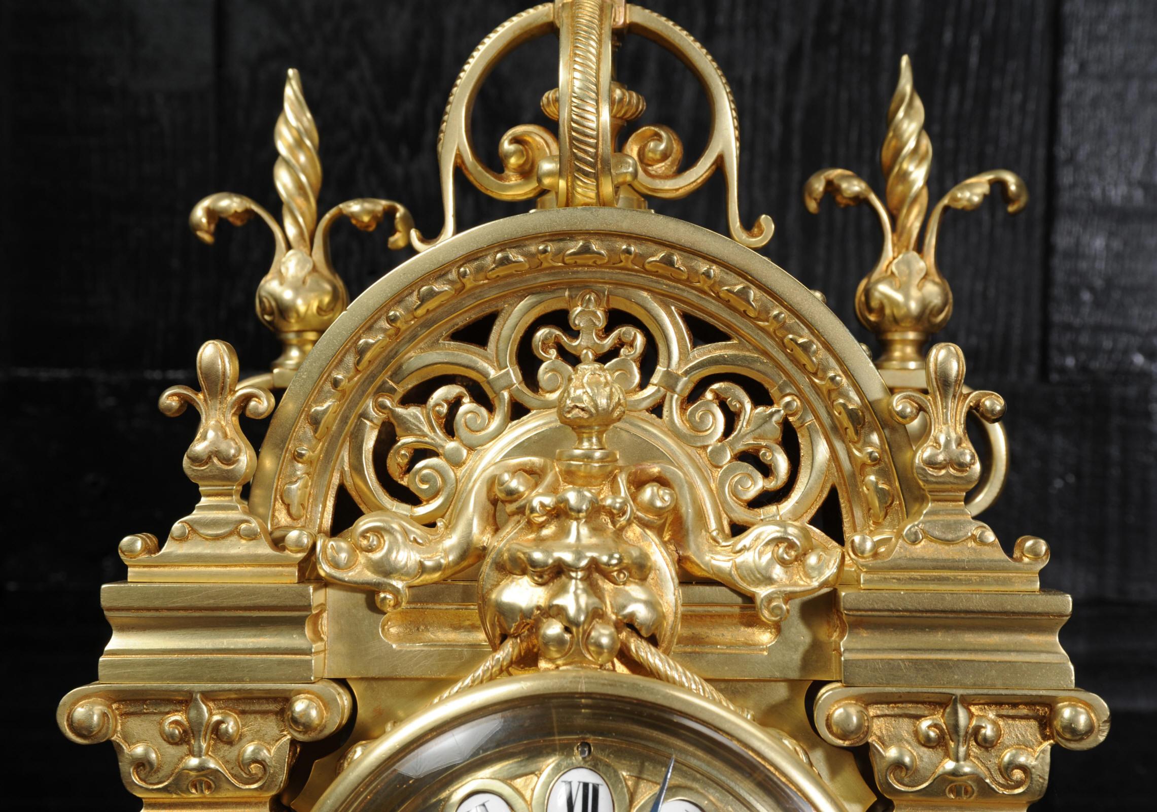Japy Freres Antique French Gilt Bronze Gothic Clock 8