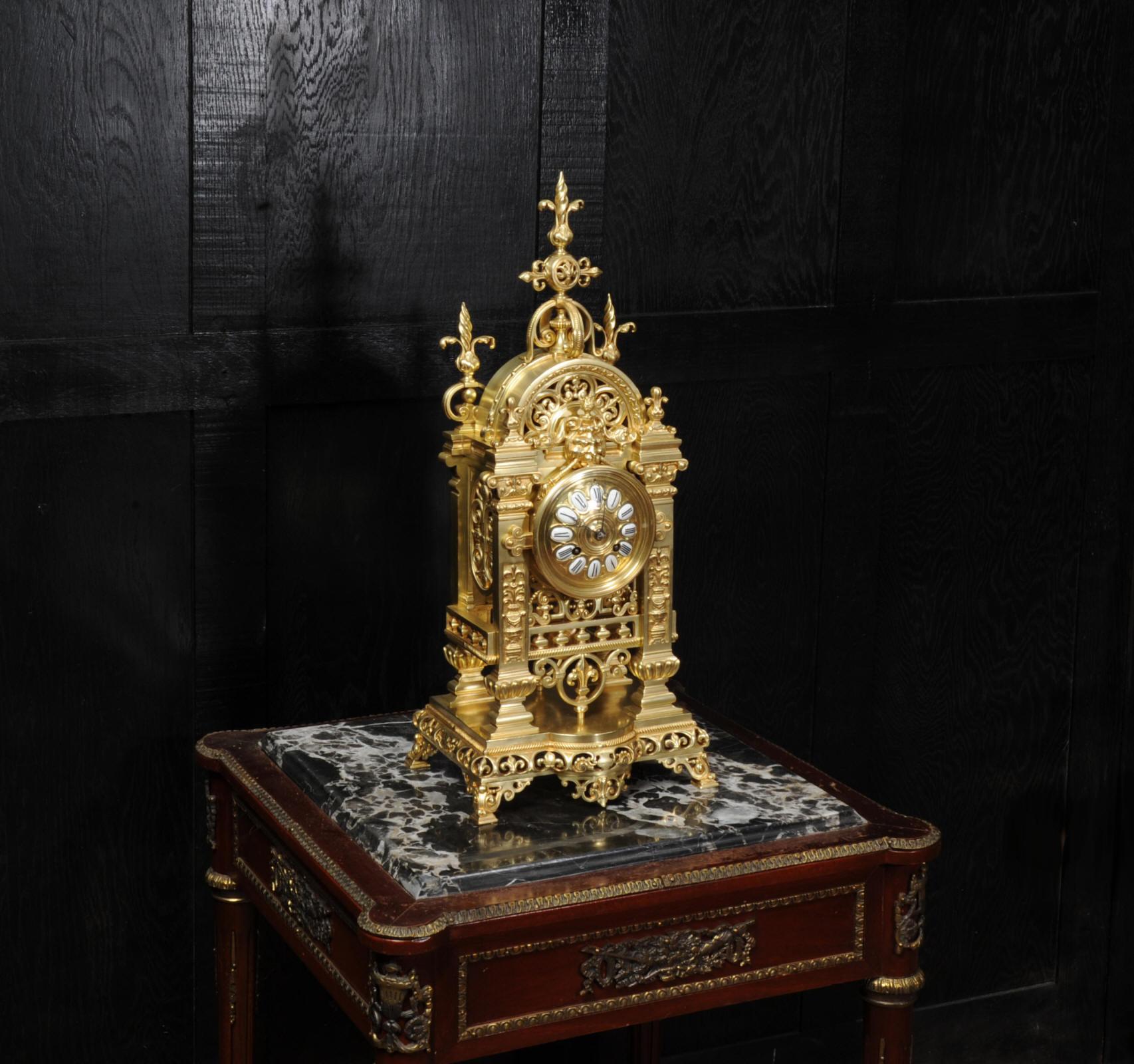 Japy Freres Antique French Gilt Bronze Gothic Clock In Good Condition In Belper, Derbyshire