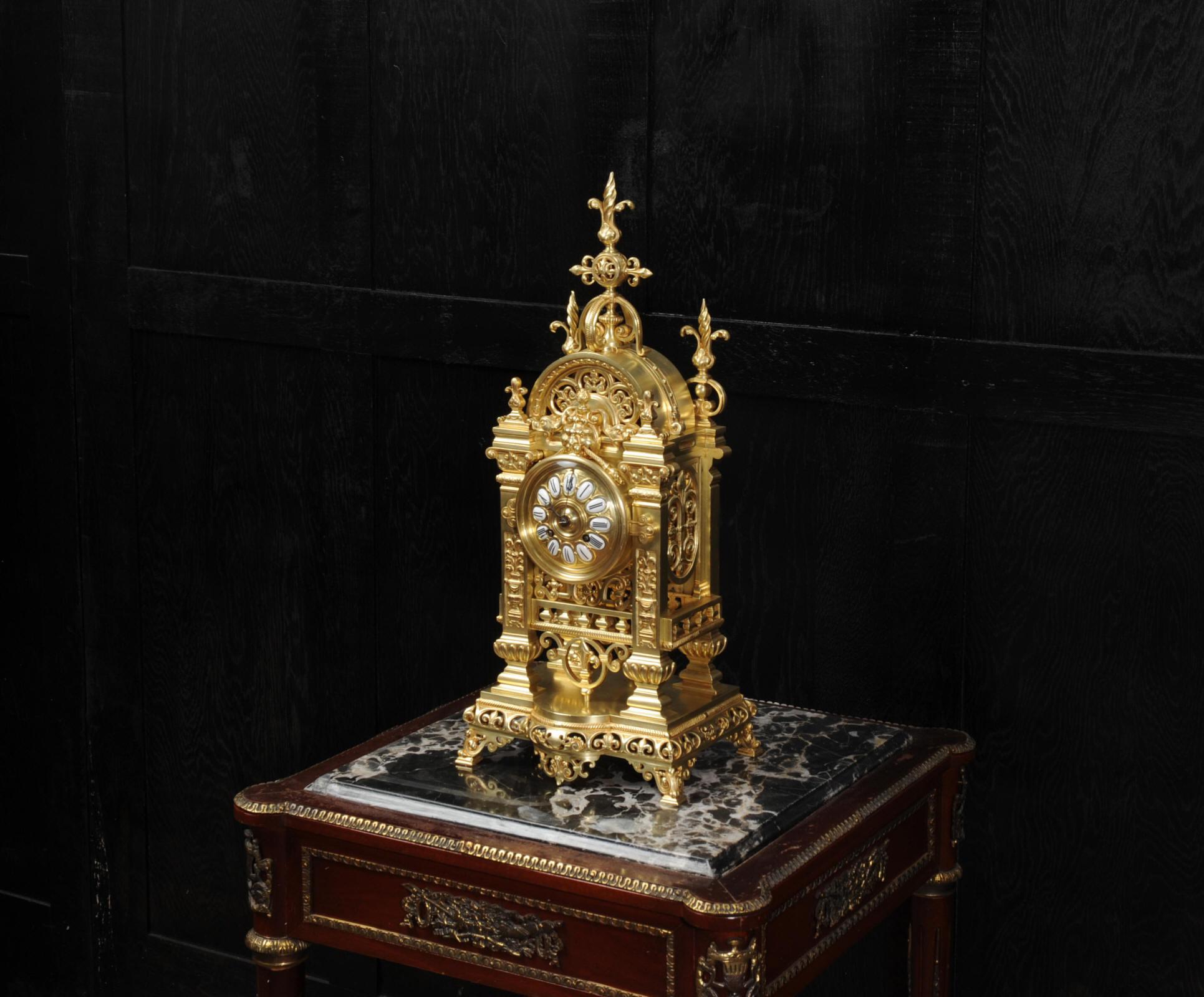 19th Century Japy Freres Antique French Gilt Bronze Gothic Clock