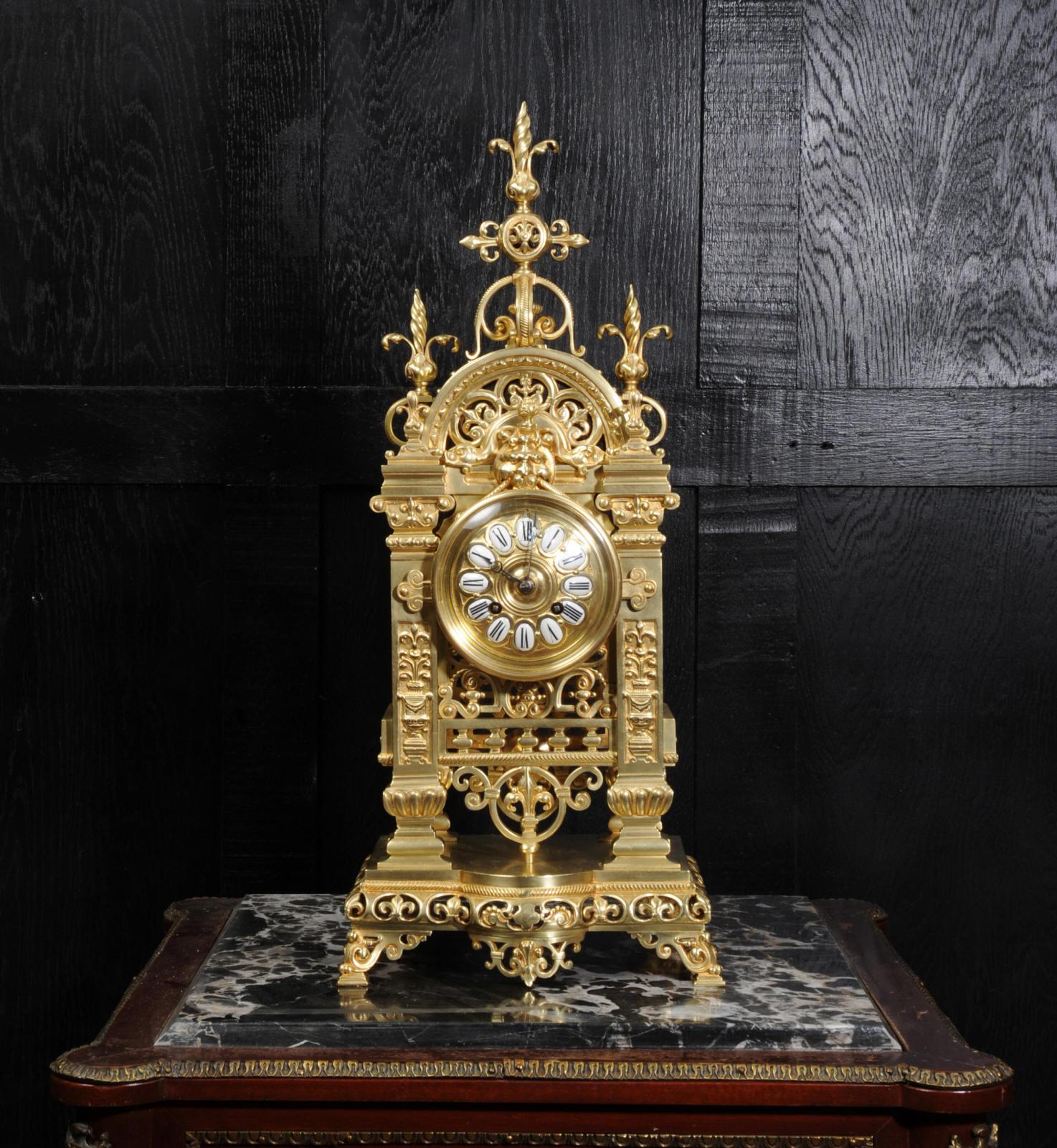Japy Freres Antique French Gilt Bronze Gothic Clock 1