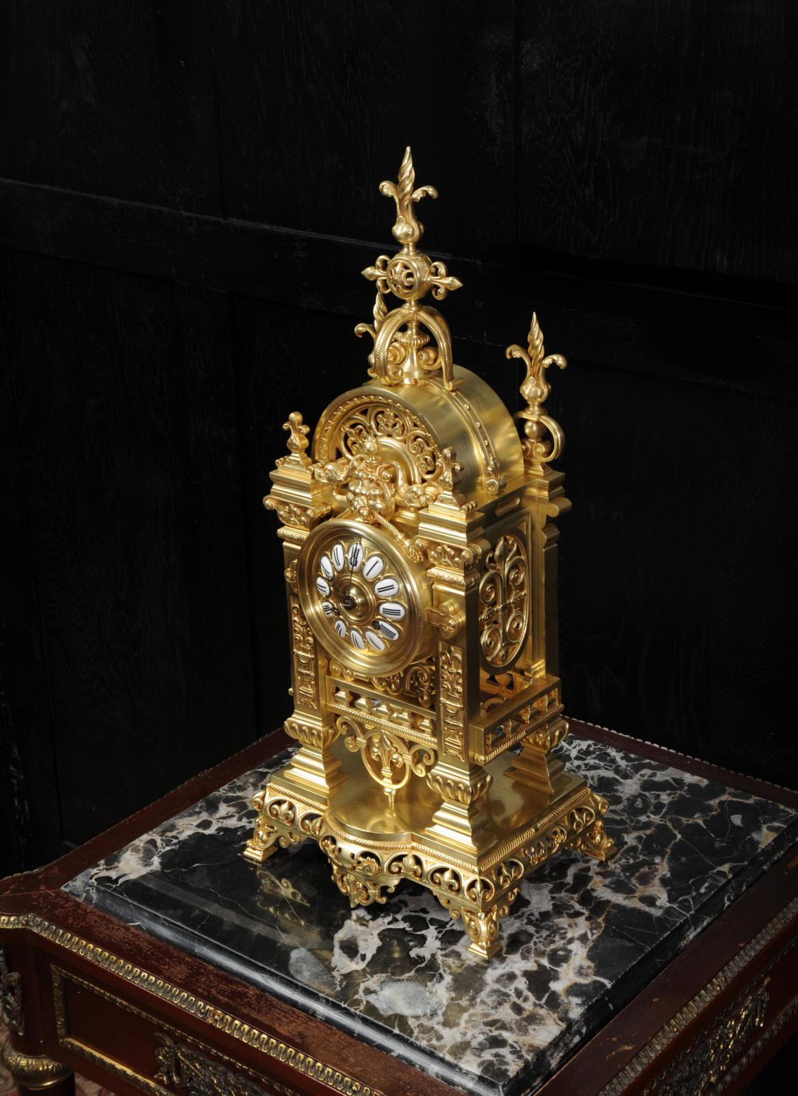 Japy Freres Antique French Gilt Bronze Gothic Clock 3