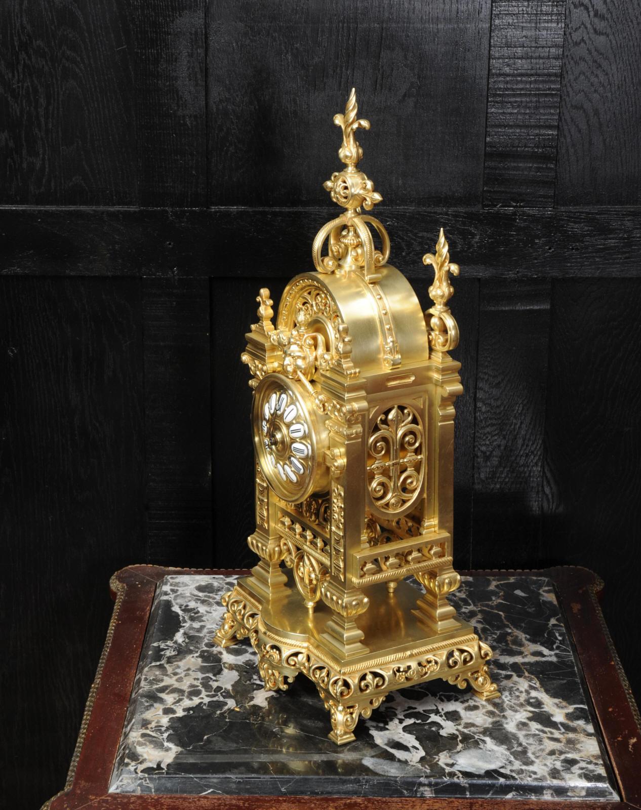 Japy Freres Antique French Gilt Bronze Gothic Clock 4