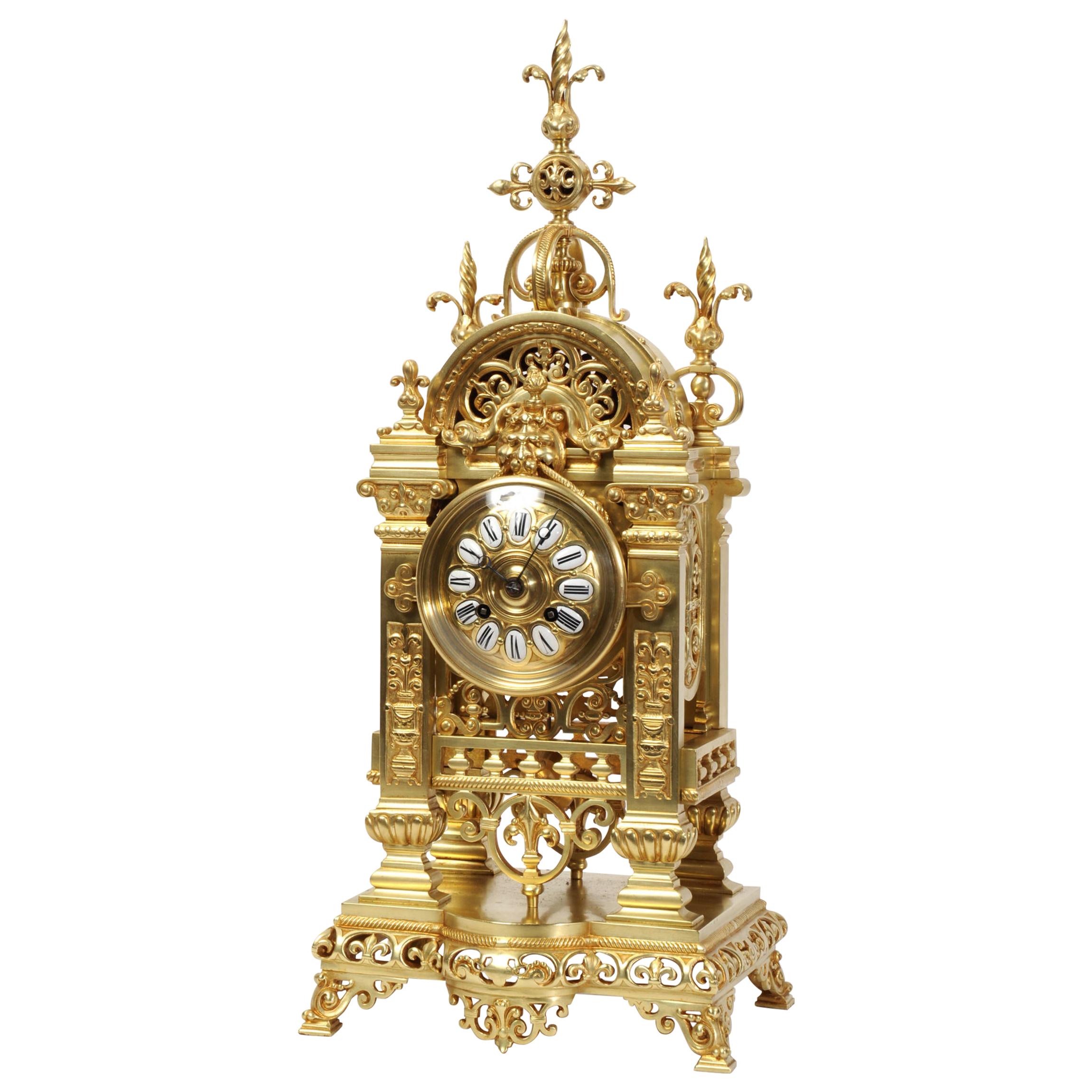 Japy Freres Antique French Gilt Bronze Gothic Clock